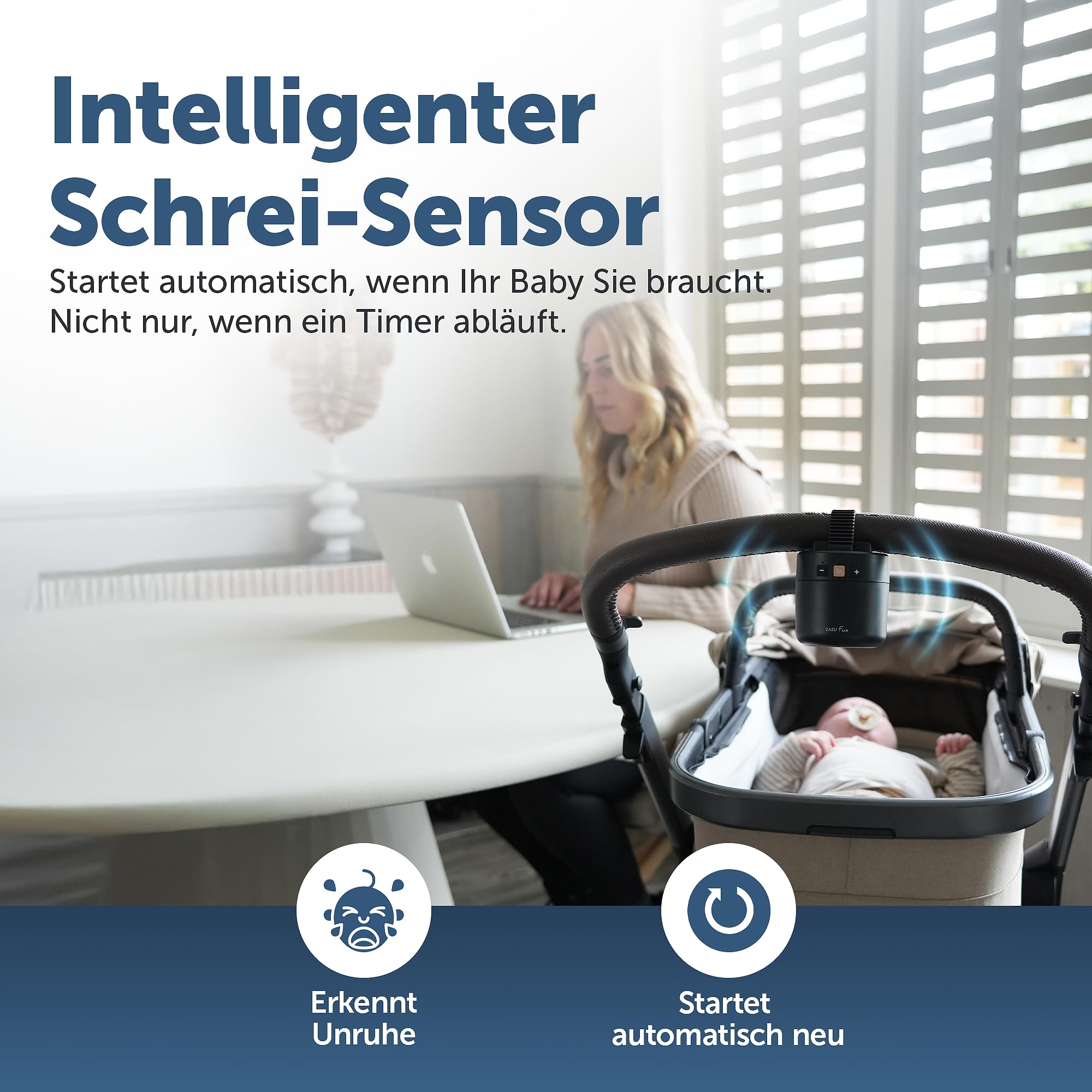 ZAZU ROXY Baby Rocker – Elektrischer Kinderwagen-Schaukler mit Weinen-Sensor, einstellbarer Wipp-Stärke & 40-Min-Auto-Off – Tragbar, wasserabweisend & USB-aufladbar