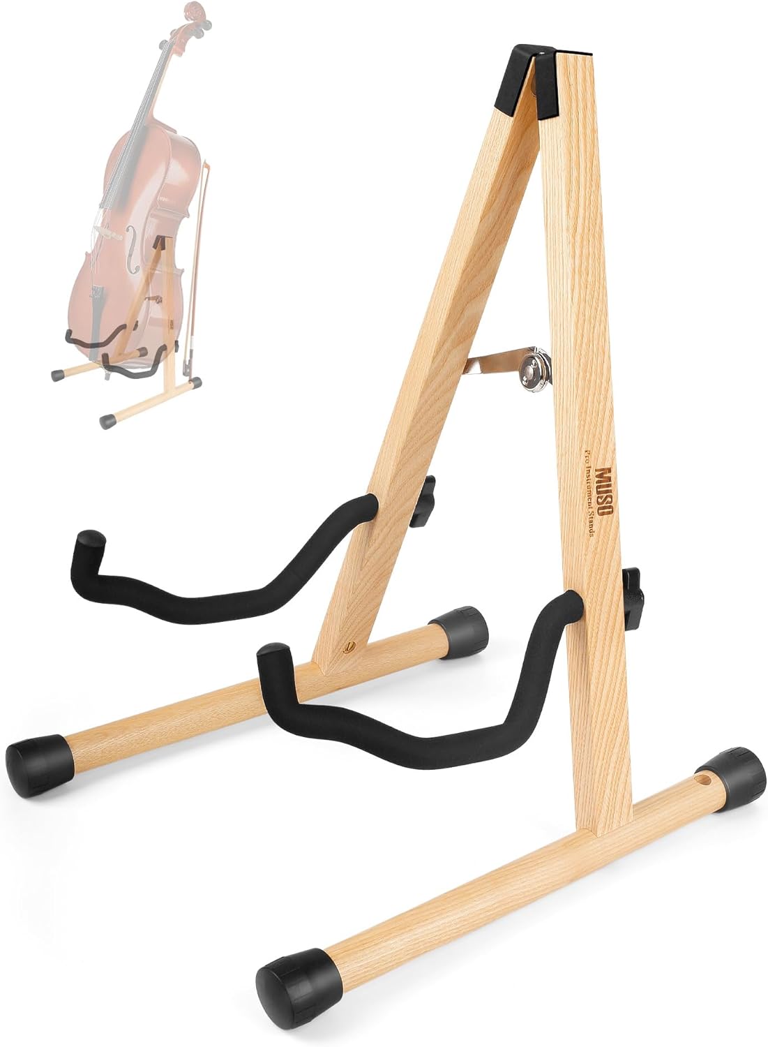 MUSO Cello Stand with Bow Holder,A-Frame Floor Stand with Padded Foam, Handcrafted Cello Rack Fits 1/2, 3/4, 7/8, 4/4 Full-Size and Guitar, Instrument Holder for Home and Studio Display