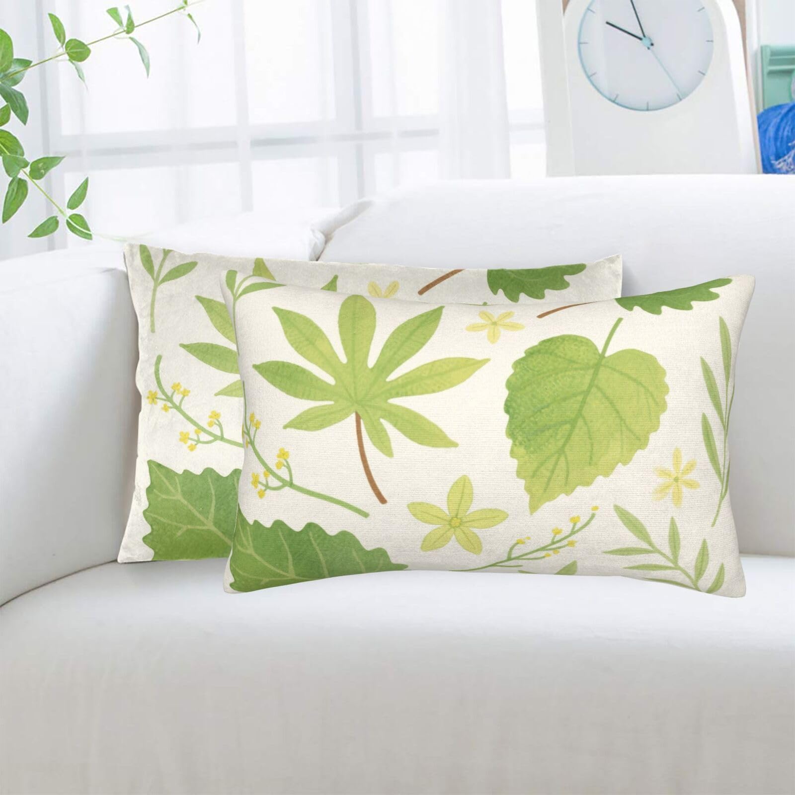 2 Pack Standard Pillowcases Sets, Ultra Soft Comfort Microfiber Plush Pillow Cases Watercolor Green Leaves Decorative Throw Pillow Cover with Hidden Zipper for Bedroom, Sofa, Couch,16"X24"