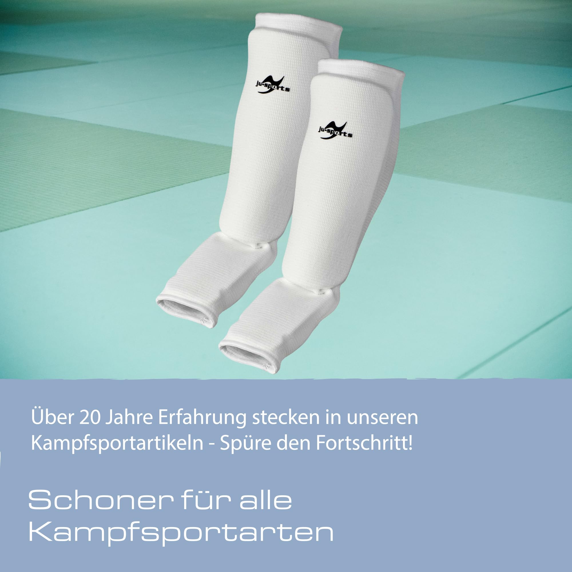 Ju-Sports - Spann Schienbeinschoner, weiß, Baumwolle I Schoner für viele Kampfsportarten I Dehn- & waschbarer Spannschoner & Schienbeinschutz