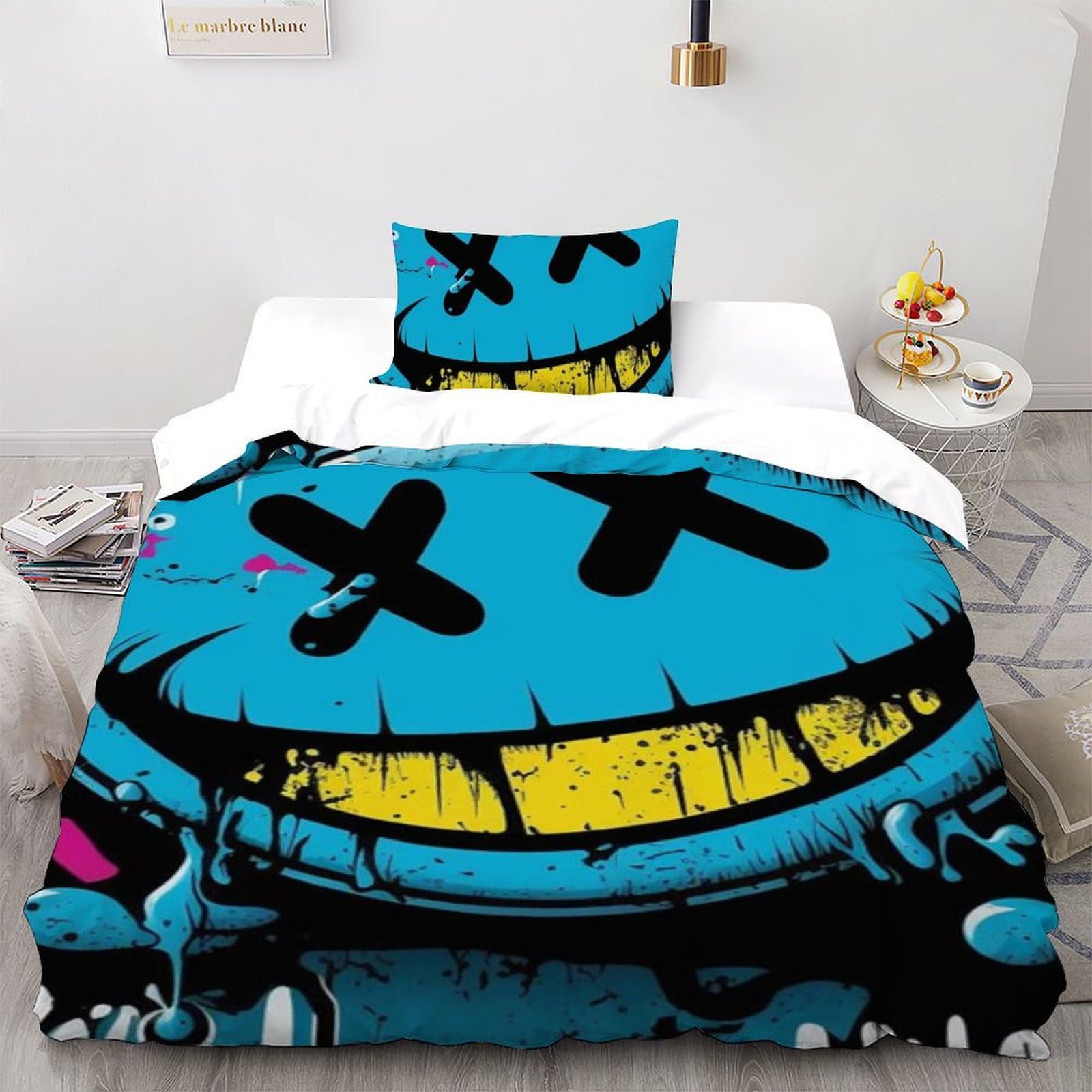 Housse de couette literie microfibre bleu graffiti imprimé 3D avec taie 135x200cm