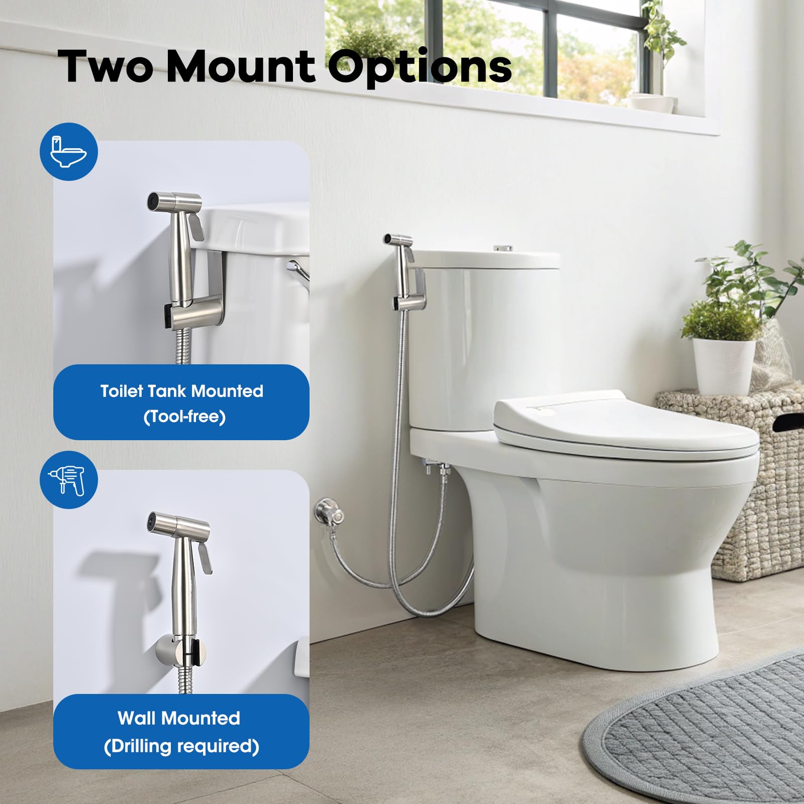 Natrysk Higieniczny (Bidet) ze Stali Nierdzewnej Szczotkowanej, Zestaw z Wężem i Zaworem G1/2” + G3/8” - do Toalety, Podmywania i Czyszczenia