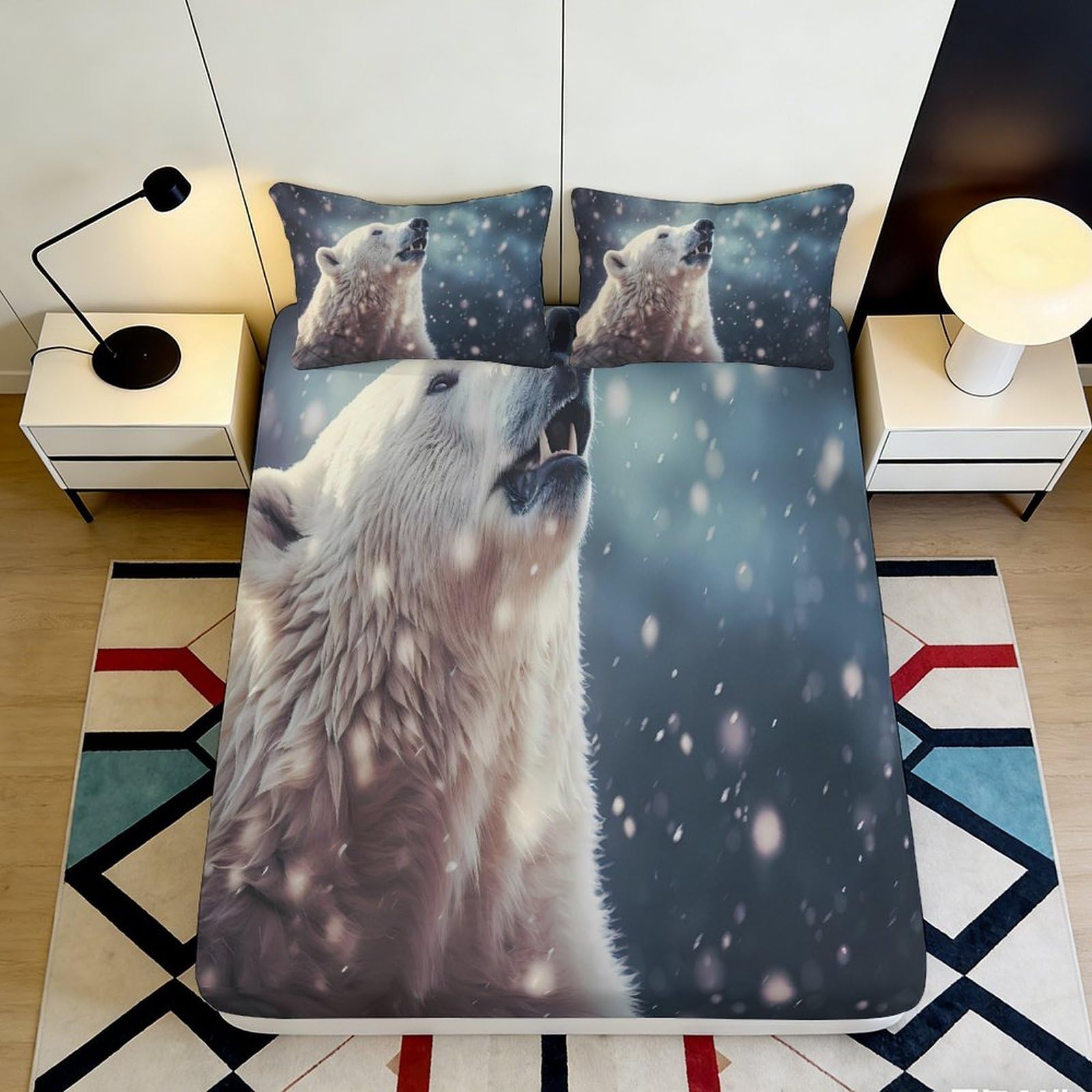 3D Printed Polar Bear Fitted Sheet Microfiber Soft Durable Snowfall Bed Cover for Bedroom Dormitory Guest Room Mattress Protection Decor 200x200x25cm