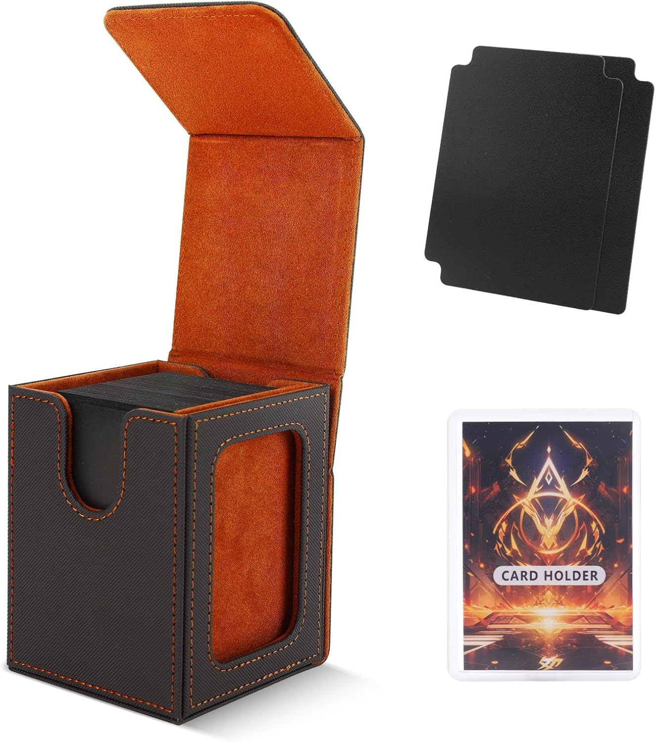 MTG Deck Box for Commander Display,Card Deck Case Fits 100 Double Sleeved Cards, Magic Commander TCG Card Leather Storage Box with 2 Dividers and 1 Toploader (Black/Orange)