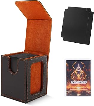 صندوق سطح MTG لعرض Commander ، علبة سطح البطاقة تناسب 100 بطاقة بأكمام مزدوجة ، صندوق تخزين جلد بطاقة Magic Commander TCG مع قسمين و 1 Toploader Black / Orange