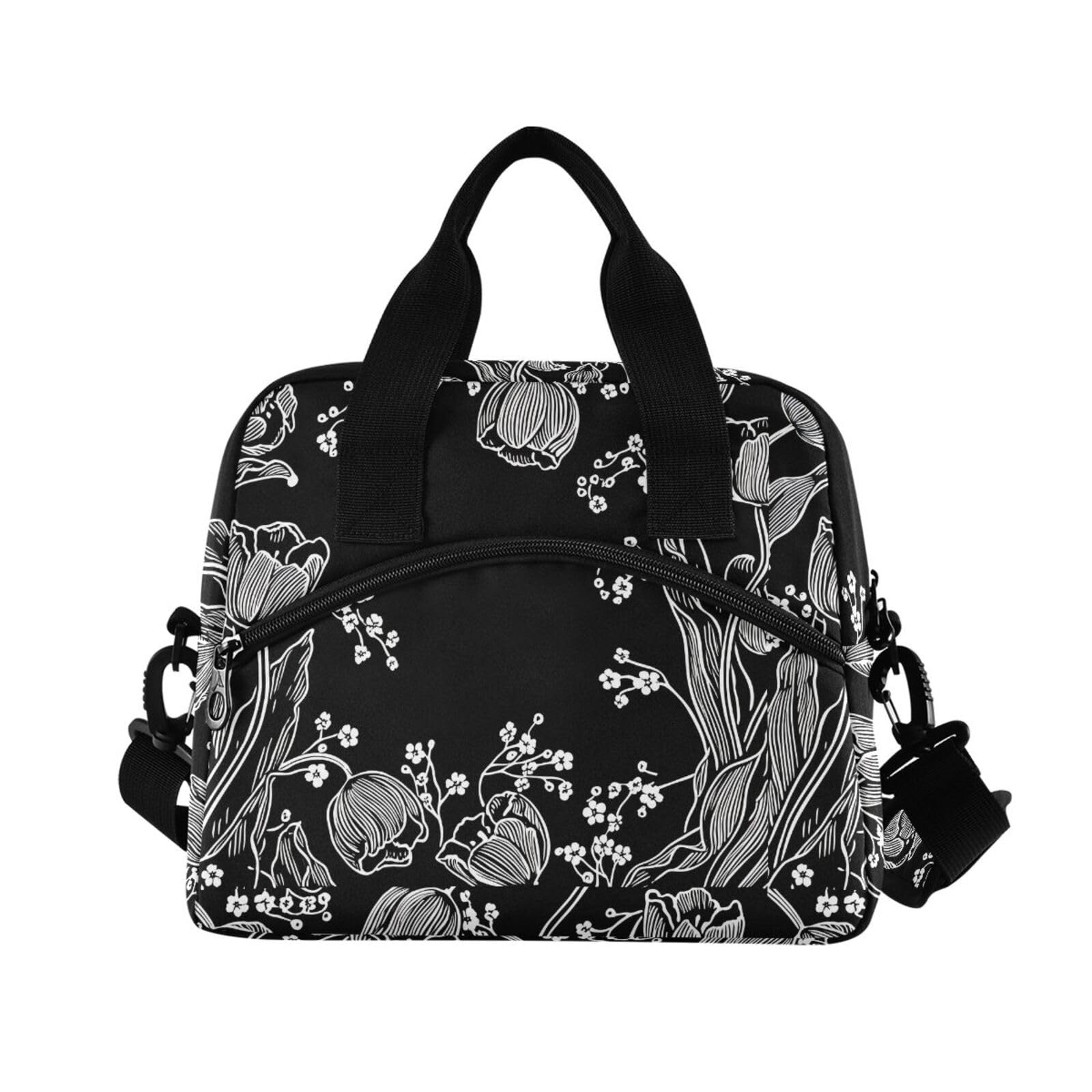 Sinestour Insulated Lunch Bag Reusable Cooler Tulips Flower Black Lunch Box Adjustable Shoulder Strap for Men Women Adults