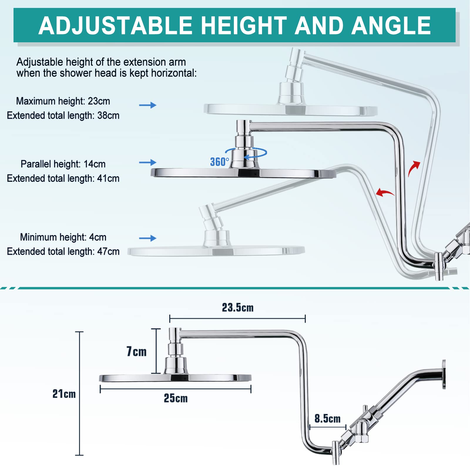 10" High Pressure Rainfall Shower Head with Handheld Combo, Upgrade 12" Extension Arm Height Adjustable, 3-Way Powerful Shower Head with Hand Shower, Brass Shower Holder Extra Long Shower Hose, Chrome