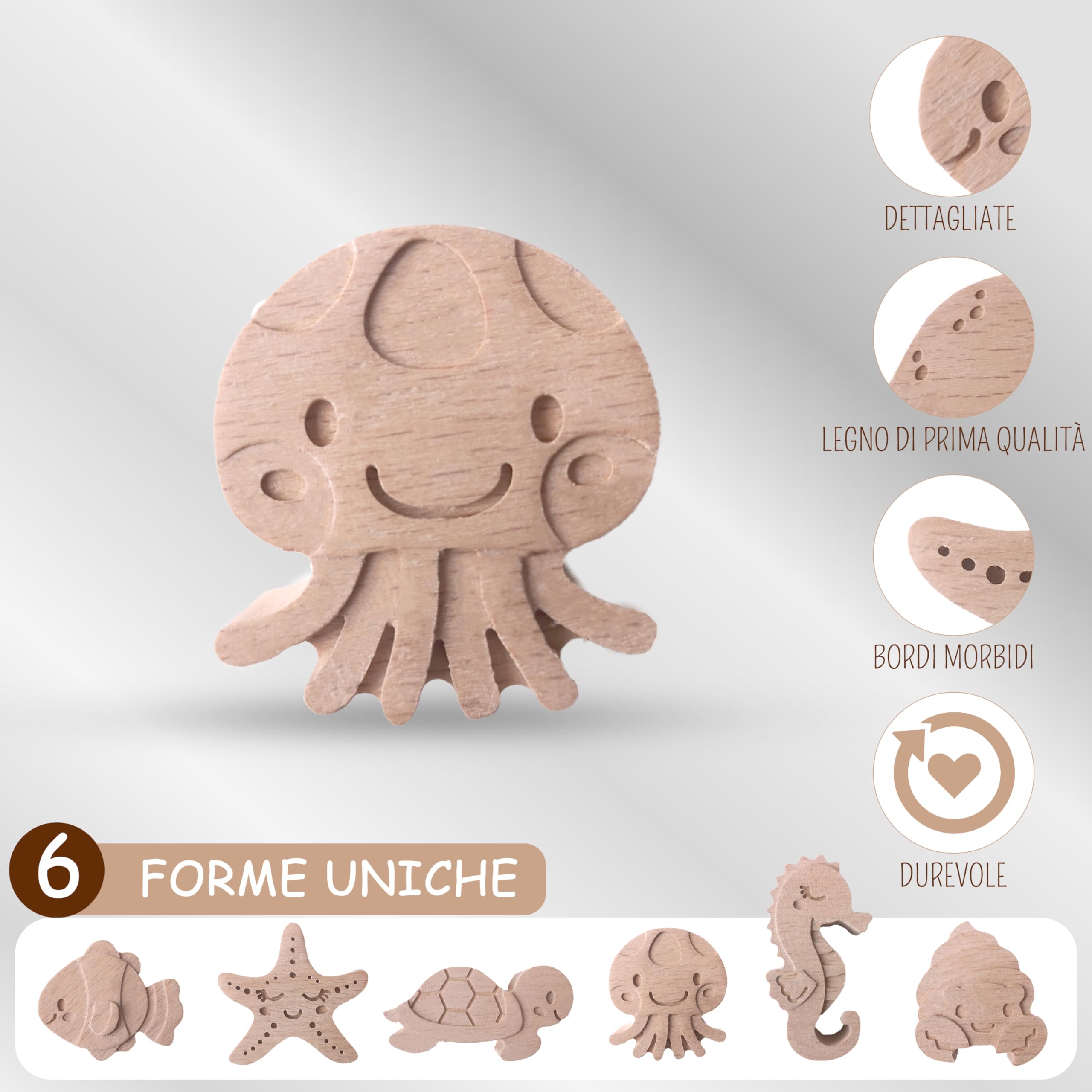 Pomelli per camerette Coffelli (animali marini, confezione da 6) pomelli in legno per cassettiere o guardaroba per bambini, in legno di faggio