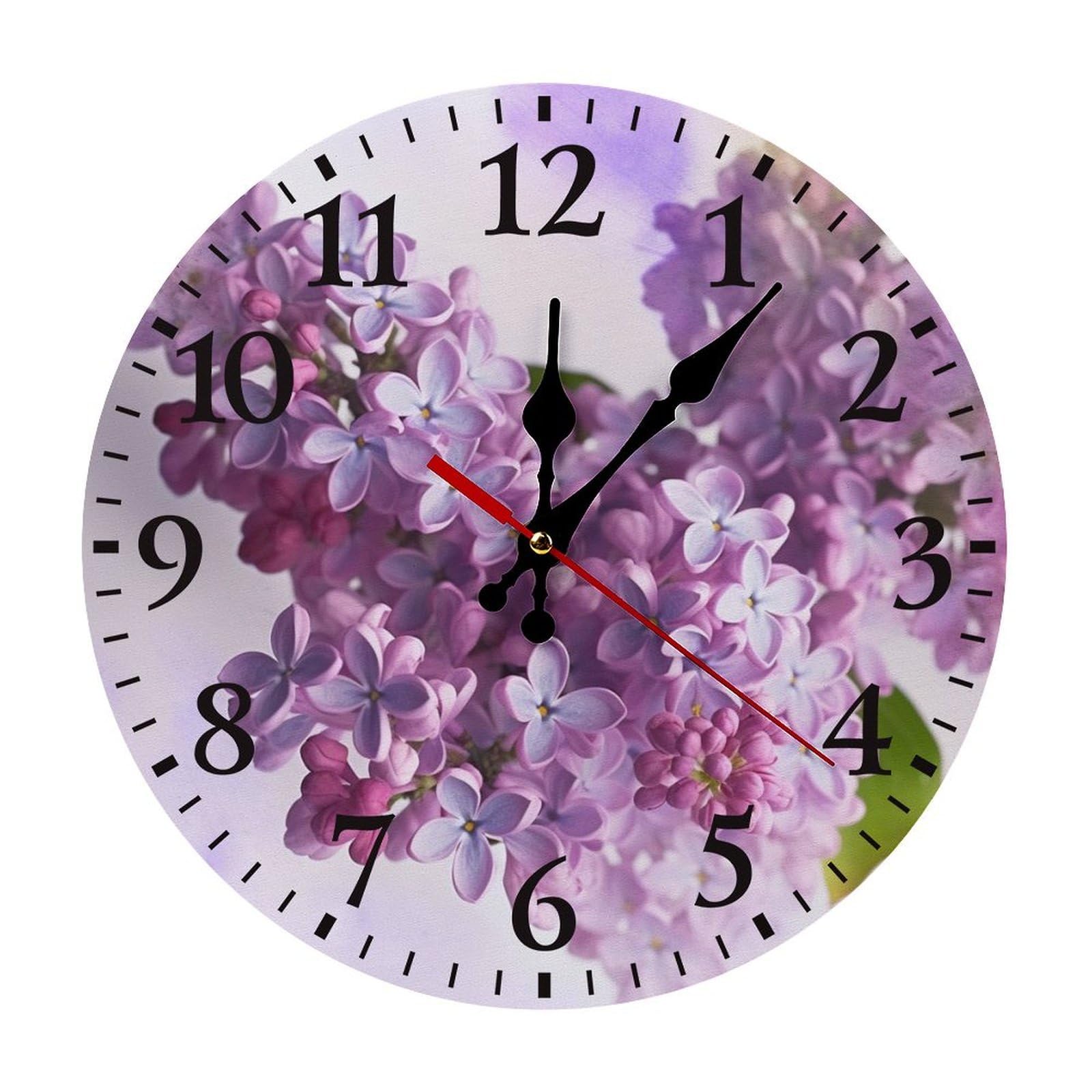 Horloge murale ronde tendance noire 30 cm fleur de lilas pour décoration salon cuisine