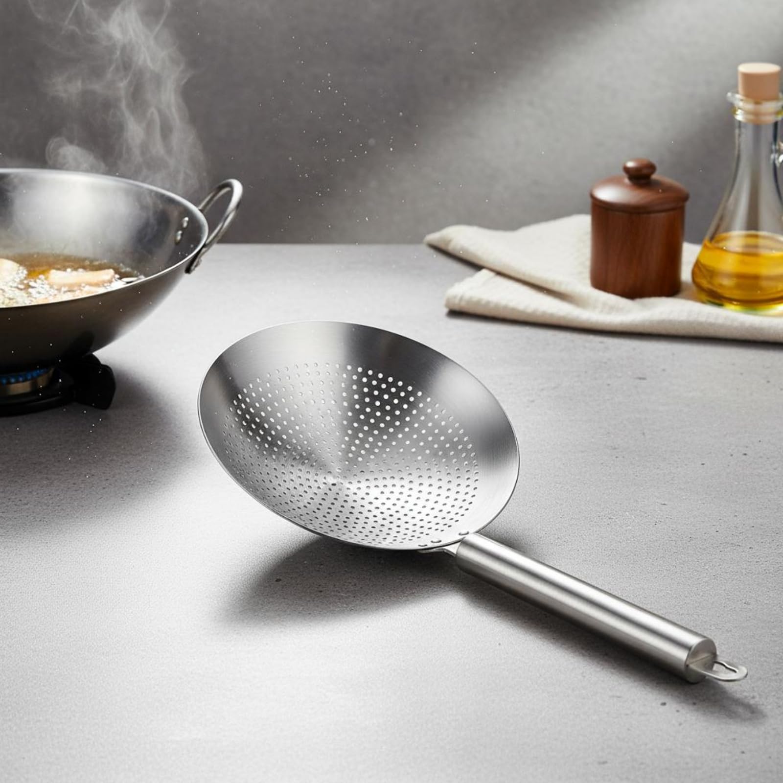 Colador de Acero Inoxidable 316L Cuchara Escurridora Espumadera con Malla Compacta y Cazo Resistente al para Escurrir Aceite Hervir Fideos Tareas de Cocina, 26cm