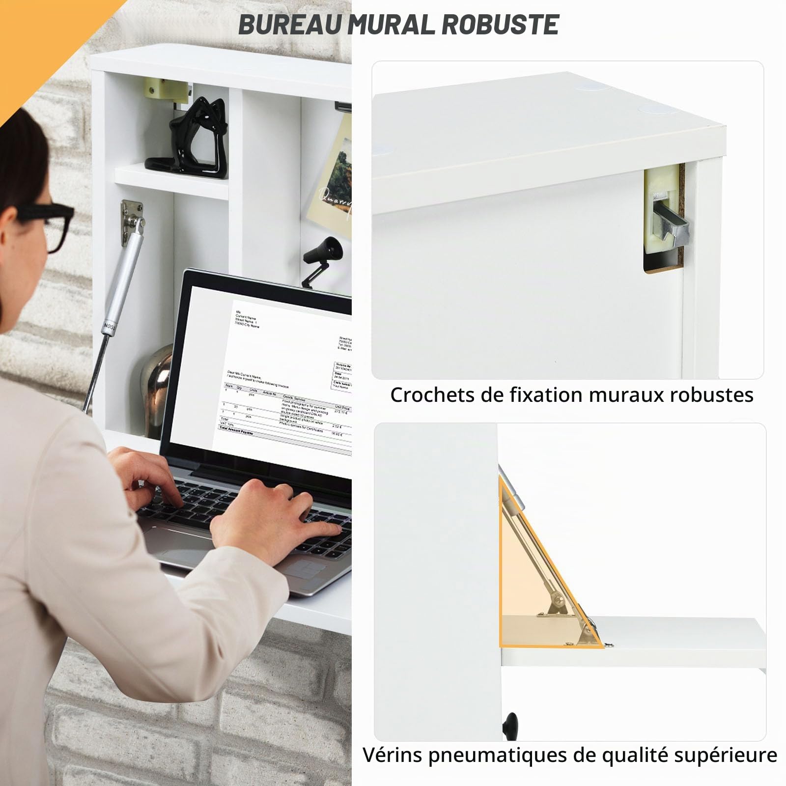 LIFEZEAL Bureau Mural, Table Murale Pliable Peu Encombrant, Bureau Suspendu Pliable avec Tiroir & Étagères, Table Murale pour Bureau, Chambre, Salle d'Étude,60 x 15 x 57 cm (Blanc)