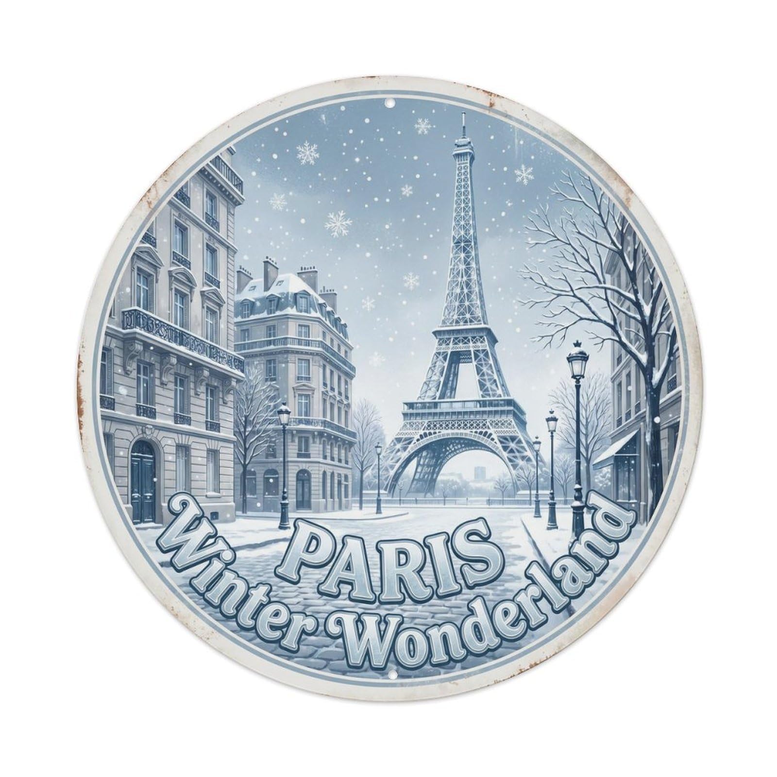 Vintage Travel Paris Winter Snowfall Metal Tin Sign Plaque