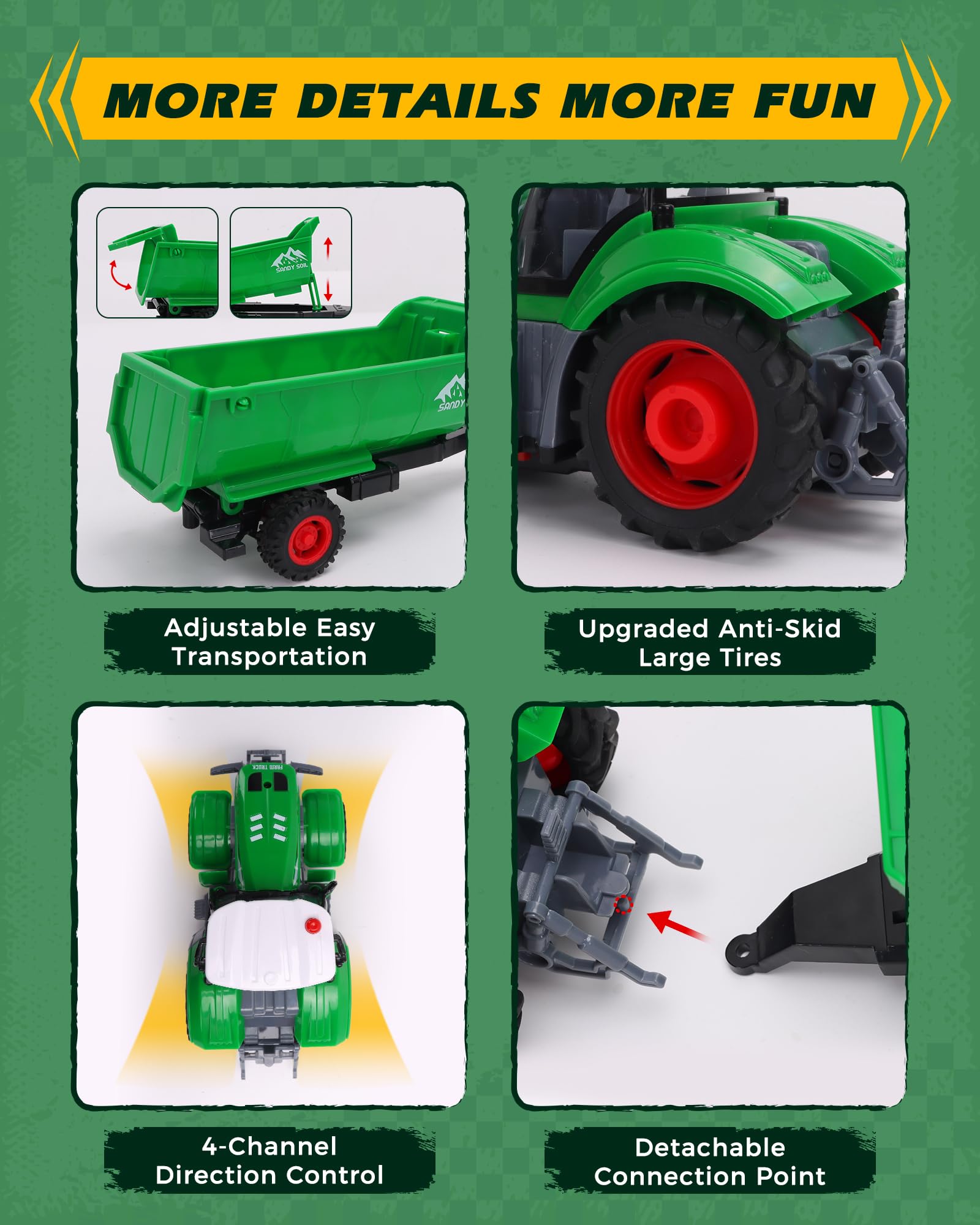 Tractor de control remoto, escala 1/24 con remolque volquete, juguete de vehículo agrícola RC recargable con luz y sonido para niños, regalo ideal de cumpleaños de Navidad para niños y niñas 7