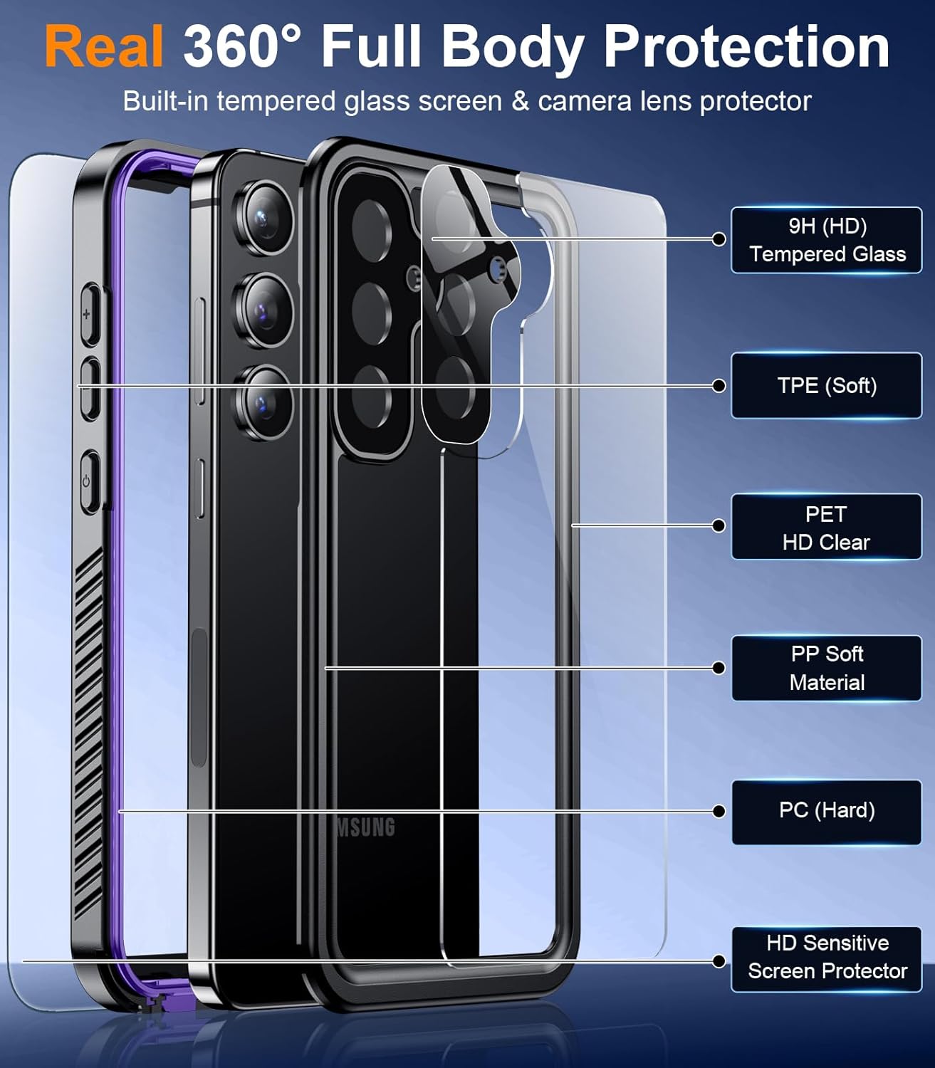 Temdan Designed for Samsung Galaxy S24 Case,Waterproof Built-in Lens & Screen Protector [Full Body Shockproof][Military Drop Proof][IP68 Underwater] Phone Case for Galaxy S24 5G-Purple (2024)