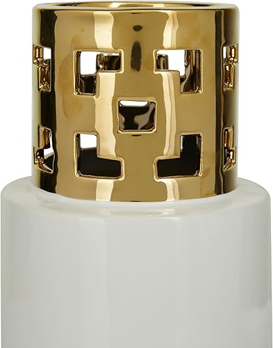 Miniatura 2 de CosmoLiving by Cosmopolitan Jarrón decorativo de cerámica con detalles dorados recortados, florero para decoración del hogar, 5 x 5 x 12 pulgadas,