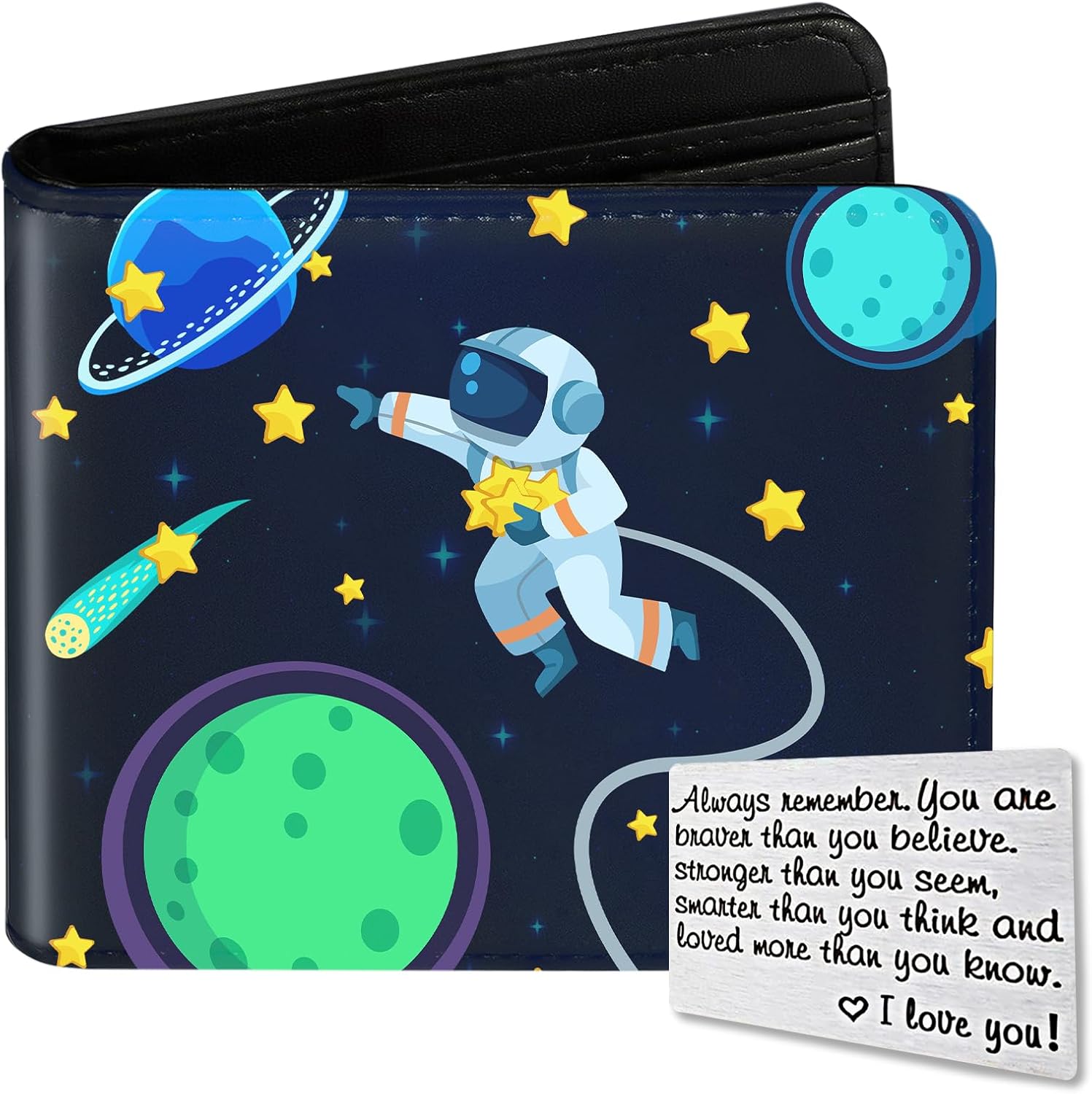 Kids Wallet for Boys, Cool Wallets for Teen Son Ages 4 5 6 7 8 9 10 11 12 13 14 15 16, Leather Space Astronaut Bifold Purse, Christmas Birthday Gift for Kid Men Boy Youth Guys