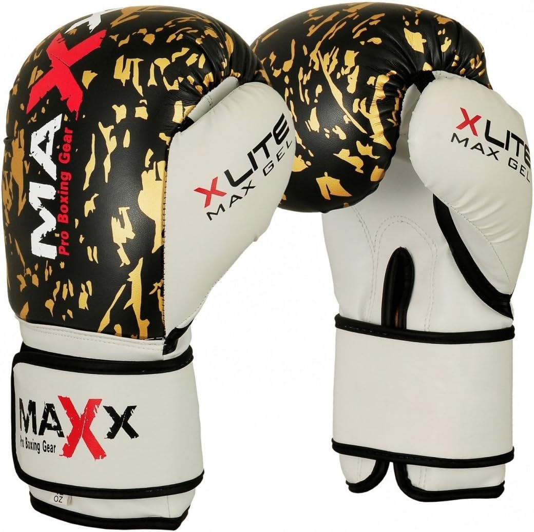 Pair of Leather Boxing Gloves black & Gold punchbag Martial arts 8oz - 16oz