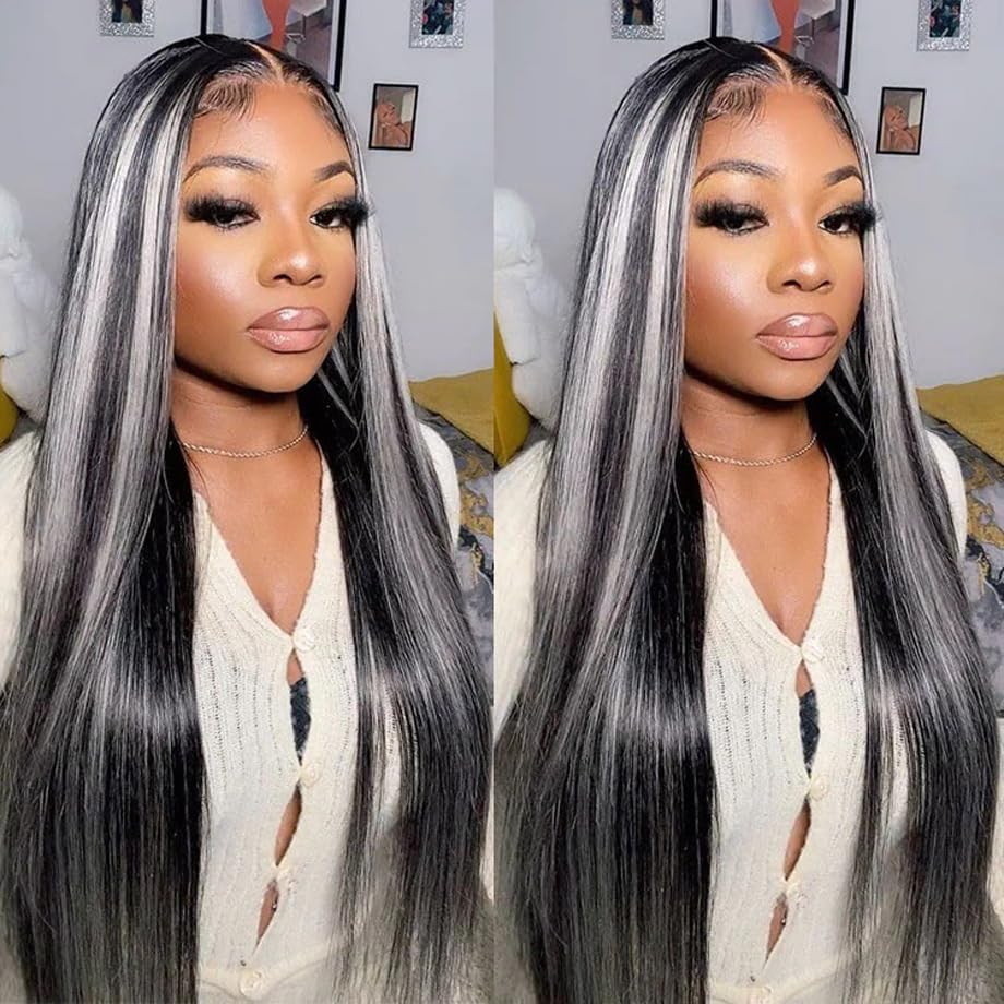ANDRIA 13x4 Lace Front Wigs 200% Density Lace Front Wig Pre Plucked Glueless Wigs Natural Straight Synthetic 13x4 HD Lace Frontal Wigs for Black Women 26 Inch (Black and White Hightlight)