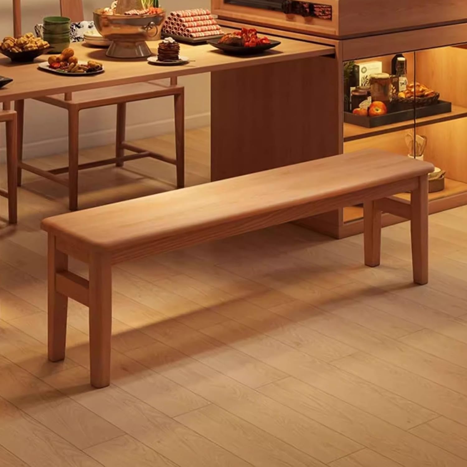 Wooden Entryway Bench, Farmhouse Wood Dining Table Bench Long Kitchen Seating Bench with Sturdy Frame for Dining Room, Modern End of Bed Bench for Bedroom Living Room Hallway(Wood,160cm/63IN)