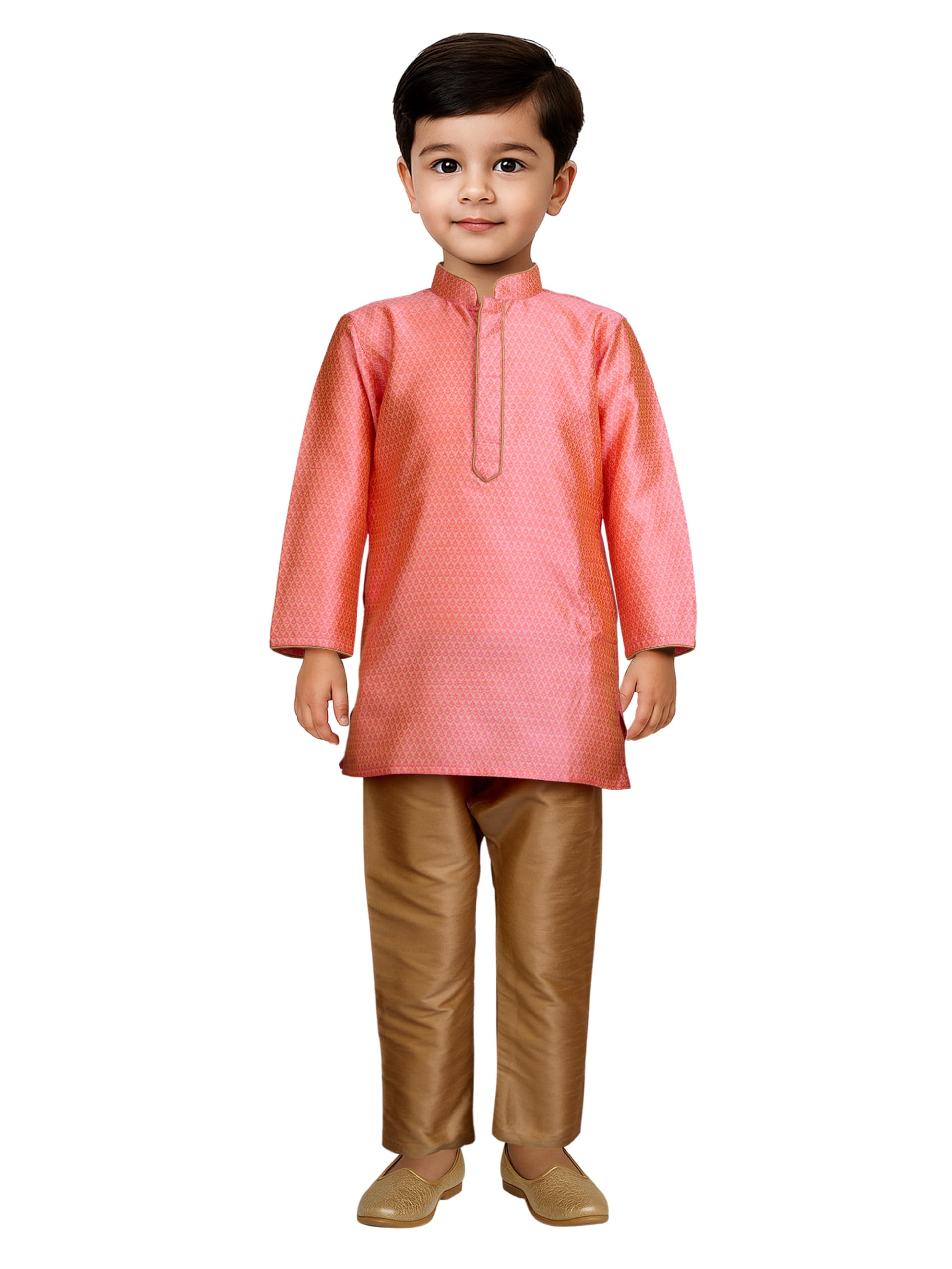 Boys' Full Sleeve Silk Blend Kurta Pyjama Set with Mandarin Collar, Featuring Ethnic Motifs, Self-Design, and Embellishments - Perfect for Festivals and Special Occasions