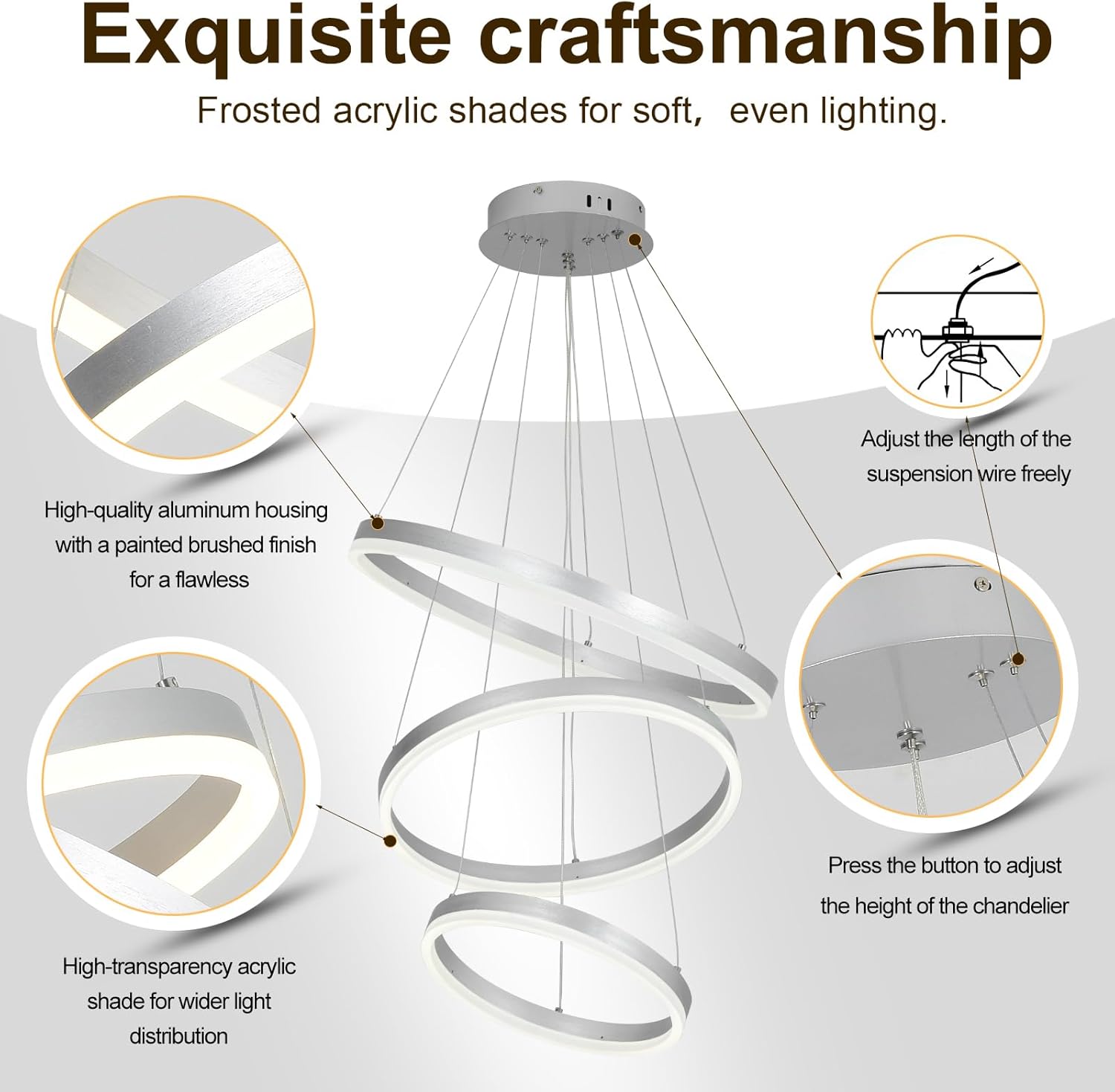 3-Ring Modern Silver LED Chandelier Dimmable Pendant Light with Remote Control Flush Mount High Ceiling Circle Light Fixture for Dining Bed Living Room Foyer 3000K-6500K