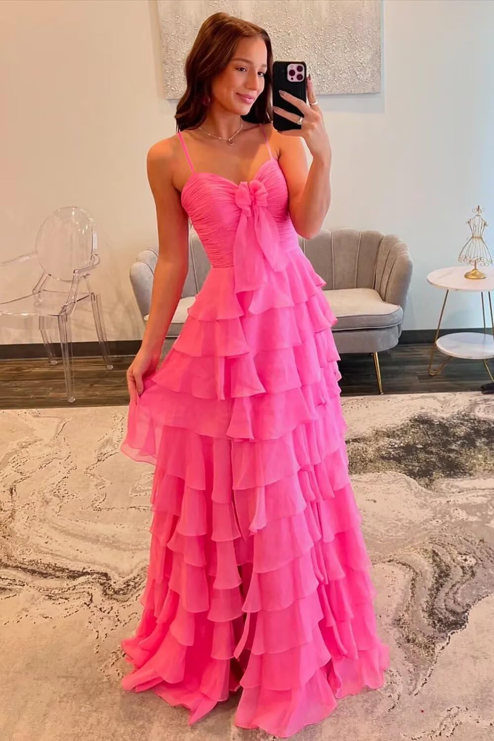 CuteMe Chiffon Tiered Prom Dress for Teens Ruffles Corset Spaghetti Strap Evening Party Gowns with Slit CC043