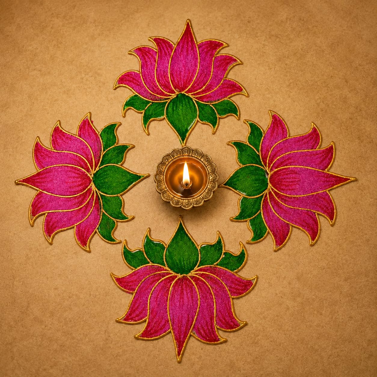 Reusable Rangoli Patches, Pink Lotus with Golden Outliner, Set of 5, Reusable OHP Sheet-image-36
