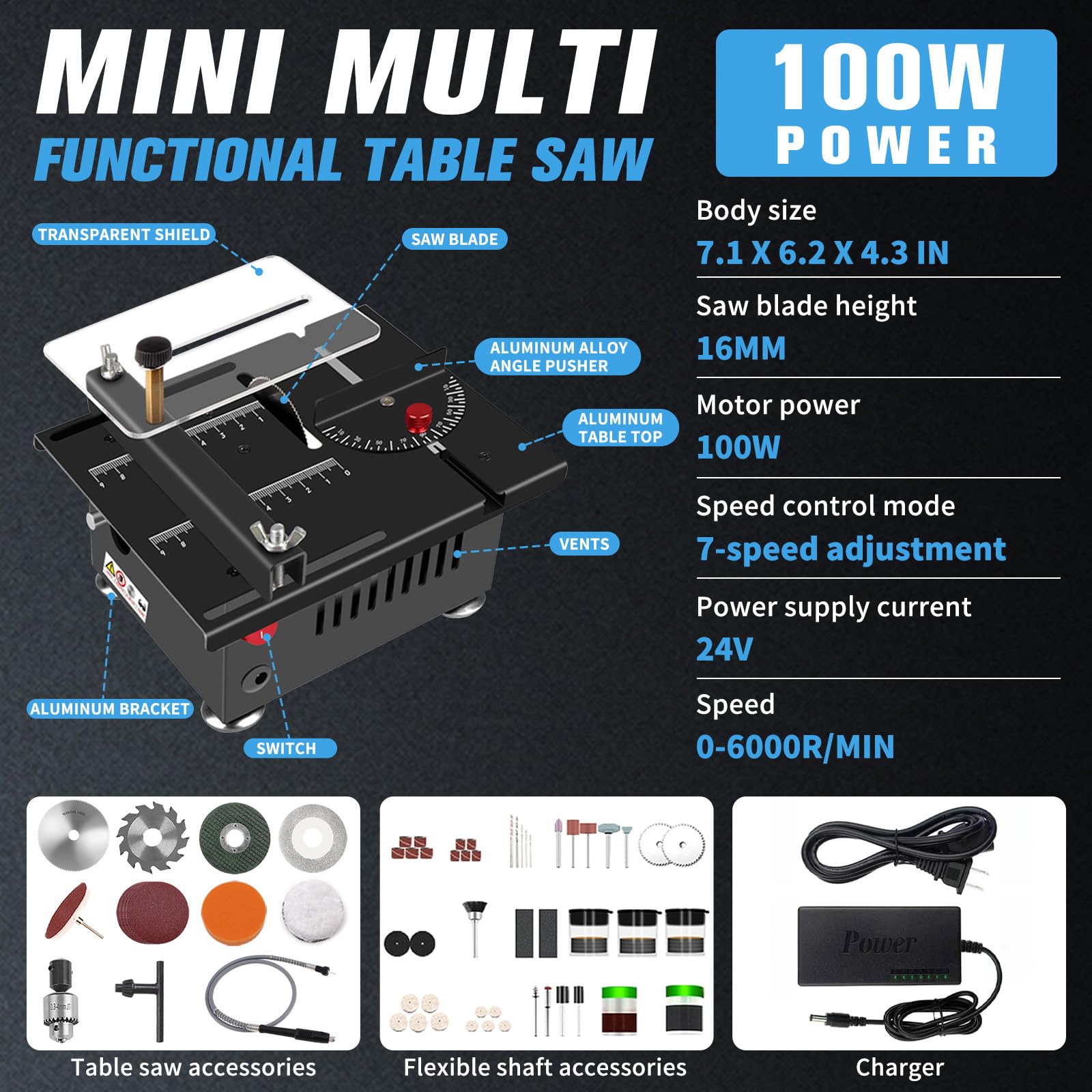 Mini sierra de mesa multifuncional, sierra eléctrica de escritorio de 100 W, ángulo ajustable de 0°-90°, profundidad de corte de 16 mm, fuente de alimentación ajustable de siete velocidades, adecuada