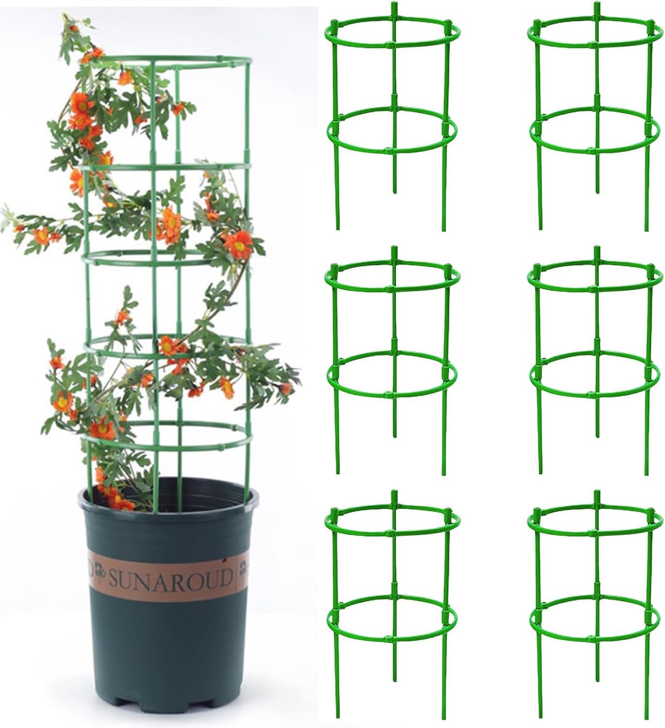 Set of 6 Garden Plant Support Stakes Bow Type Flower Supports Round Ring Cage for Peonies, Hydrangea, Interlinking to Make Garden Border