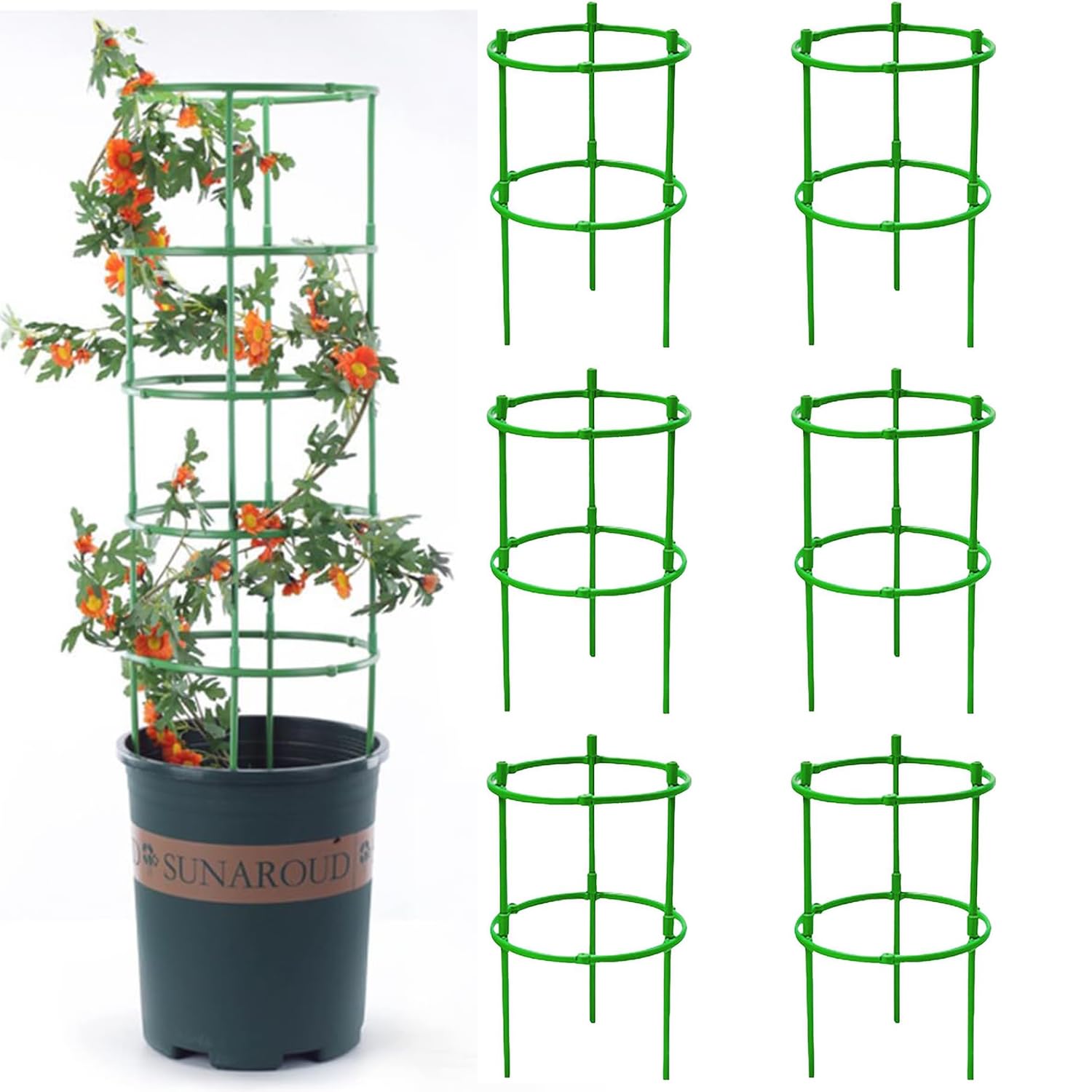 Set of 6 Garden Plant Support Stakes Bow Type Flower Supports Round Ring Cage for Peonies, Hydrangea, Interlinking to Make Garden Border