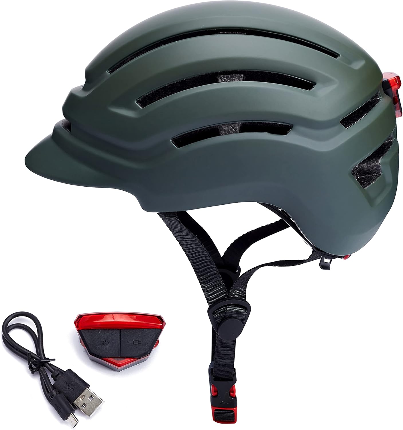 Adult Bike Helmet for Men Women, Mountain Road Bicycle Helmet with USB Rechargeable Taillight, Alpine Green