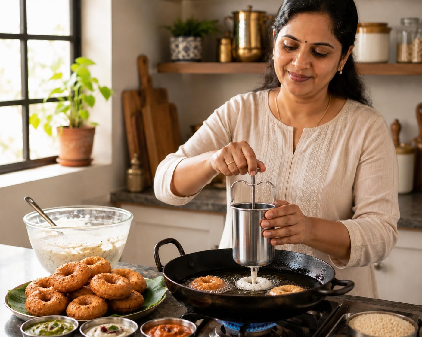 Stainless Steel Medhu Vada Maker Machine With Handle, South Indian Donut Batter Maker, Vadai Maker for Crispy Mendu Dosa Vada, Doughnut Dispenser Kitchen Press Appliance Tool for Homemade Snacks