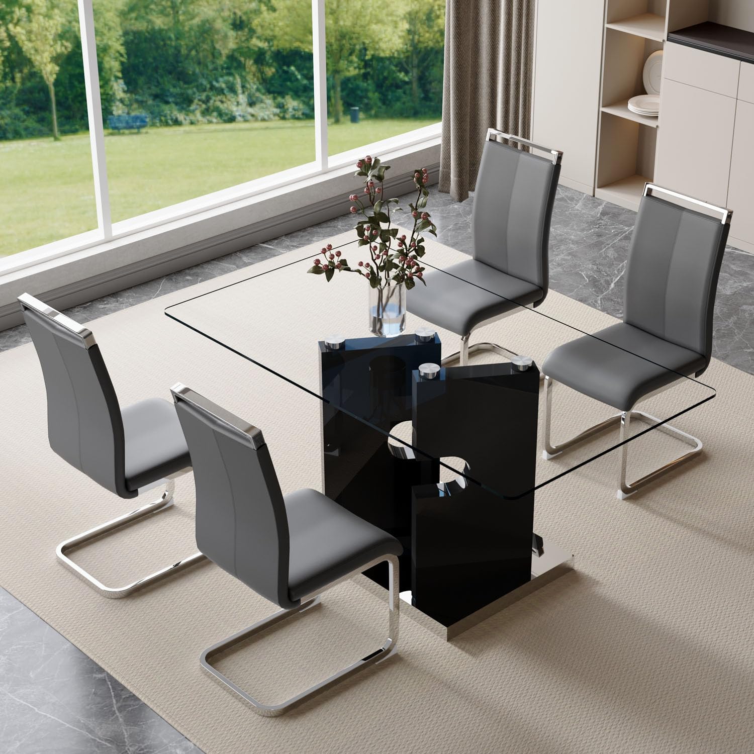 Glass Dining Table Set, 5 Piece Set with Tempered Glass Top and Modern MDF Base, Includes 4 PU Leather Ergonomic Chairs