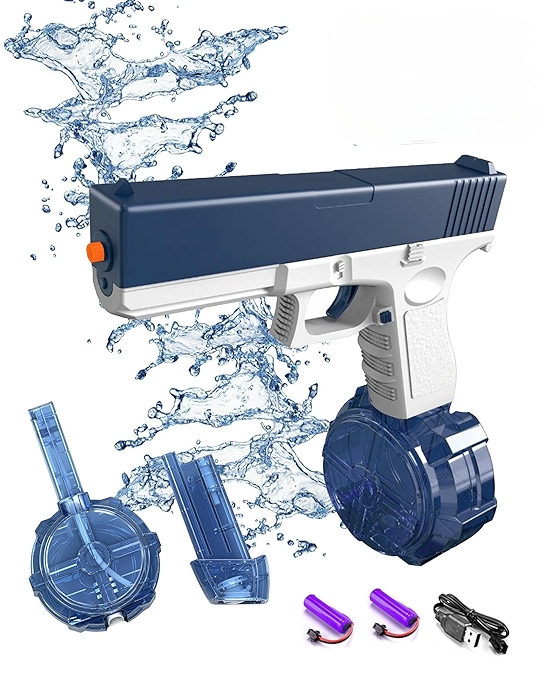 夏季蓝色电子水枪，自动一键发射，适合成人和儿童，射程35英尺，400+发射次数，泳池沙滩派对必备