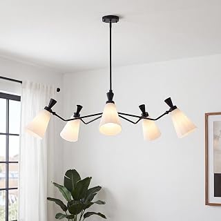 Extra Large Black Chandelier, 5-Light 49.6" Modern Farmhouse Dining Room Light Fixture Over Table with Milk Glass Shades, Adjustable Height for Living Room, Foyer, Entryway, Kitchen, E26 Base