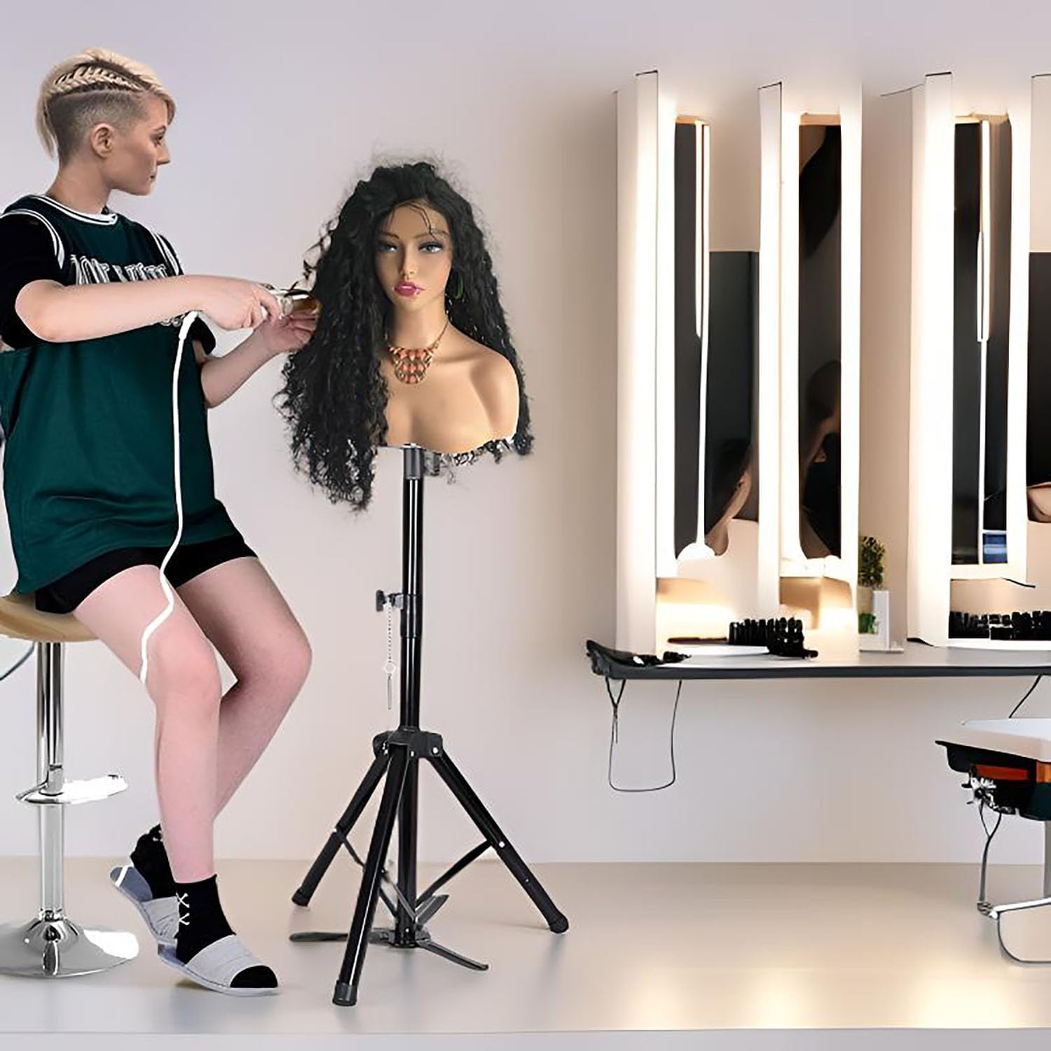 Wig Stand Tripod with Pedal, Heavy Duty Reinforced Wig Head Stand Mannequin Head Stand, Adjustable Manikin Head Tripod for Making, Display, Styling Cosmetology Hairdressing Training