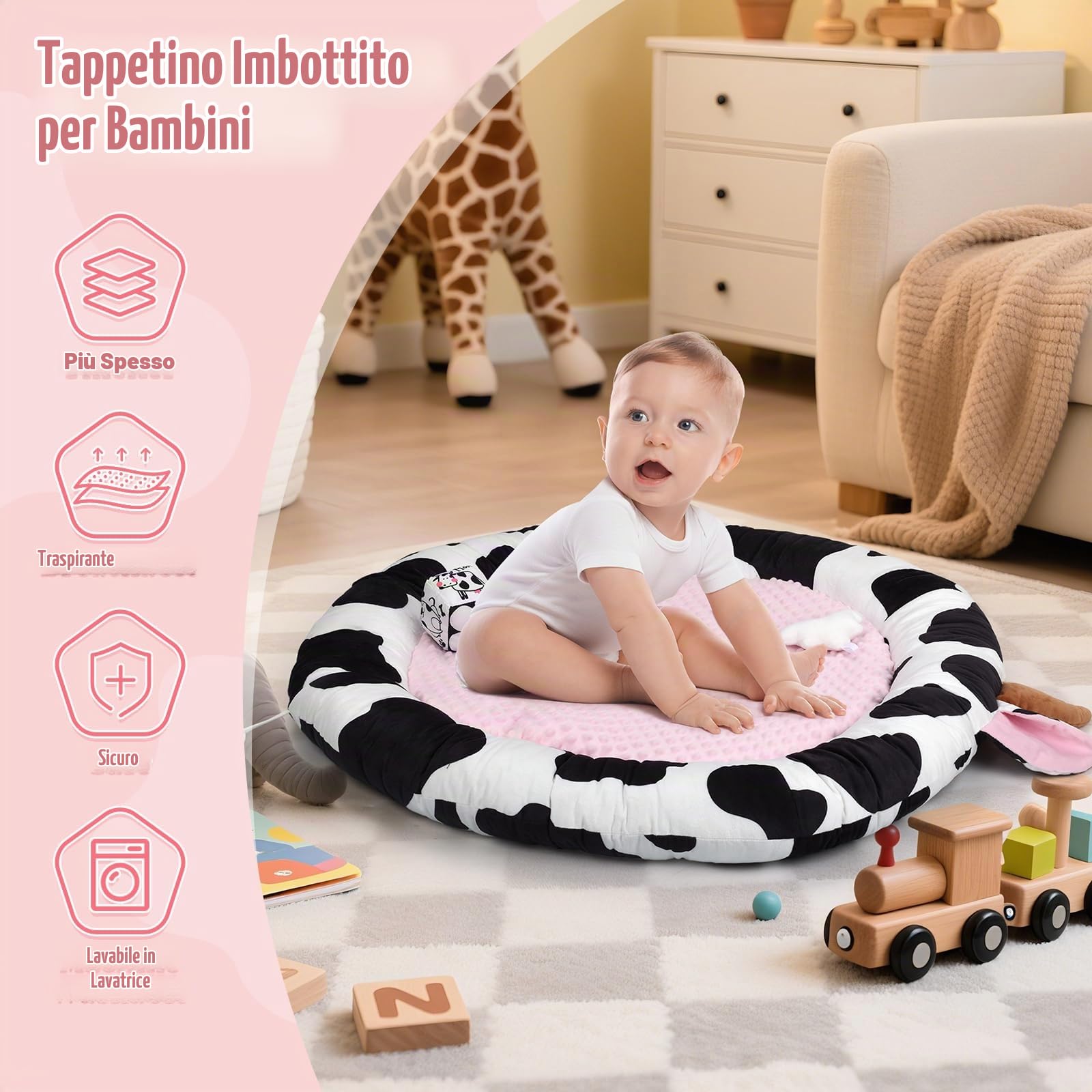 Palestrina Neonate,Vacca Tappeto Gioco Neonate, 3in1 Antiscivolo Addensato | Tappetino per Attività Sensoriali,Arco Di Gioco,6 Giocattoli Rimovibili,Regalo Neonate,0-3-6-9-12 Mesi