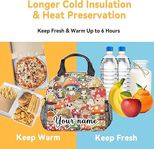 Miniatura 6 de COOPASIA Lonchera personalizada de hongos para niños, lonchera aislada para niñas y niños, coloridas bolsas de almuerzo reutilizables, pequeña con