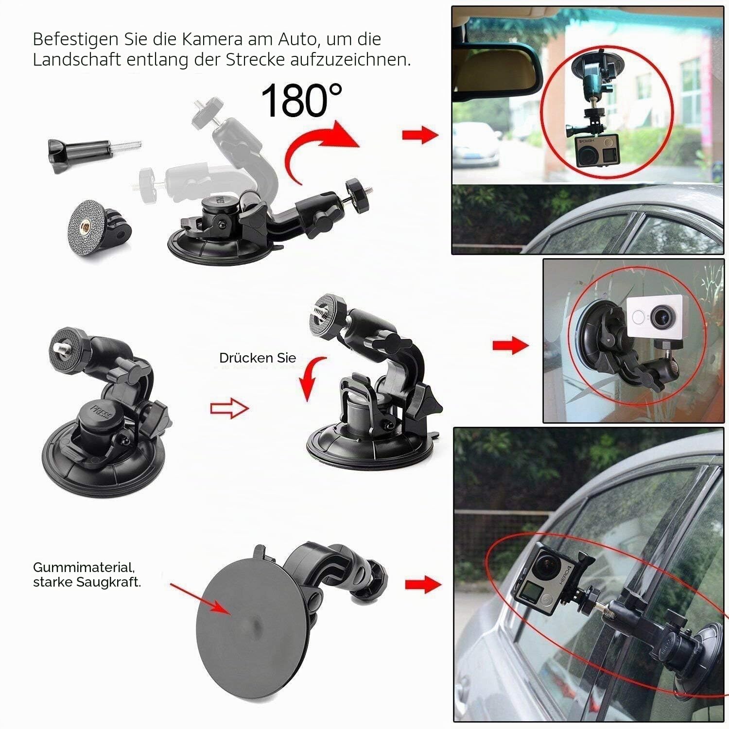 Saugnapfhalterung Kfz Kamera Dash Cam GPS Halterung für Gopro Heros, Osmo Action 5pro/4, SJCAM, Geekpro, VIRB Xe, Jagon Touch, insta360, Yi 4k & Handy für Vlogaufnahmen