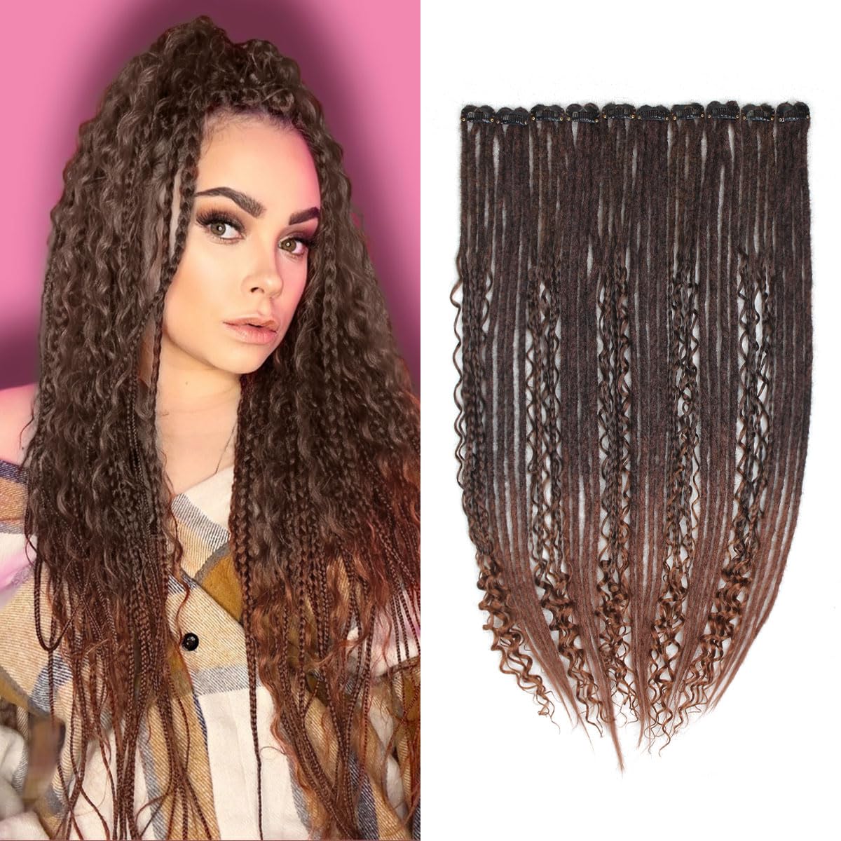 24 Inch Clip in Dreadlock Hair Extensions 10Clips 40 Strands Mixed Synthetic Dreads Extensions for Women,Handmade Soft Straight Boho Wavy Dreads,Black