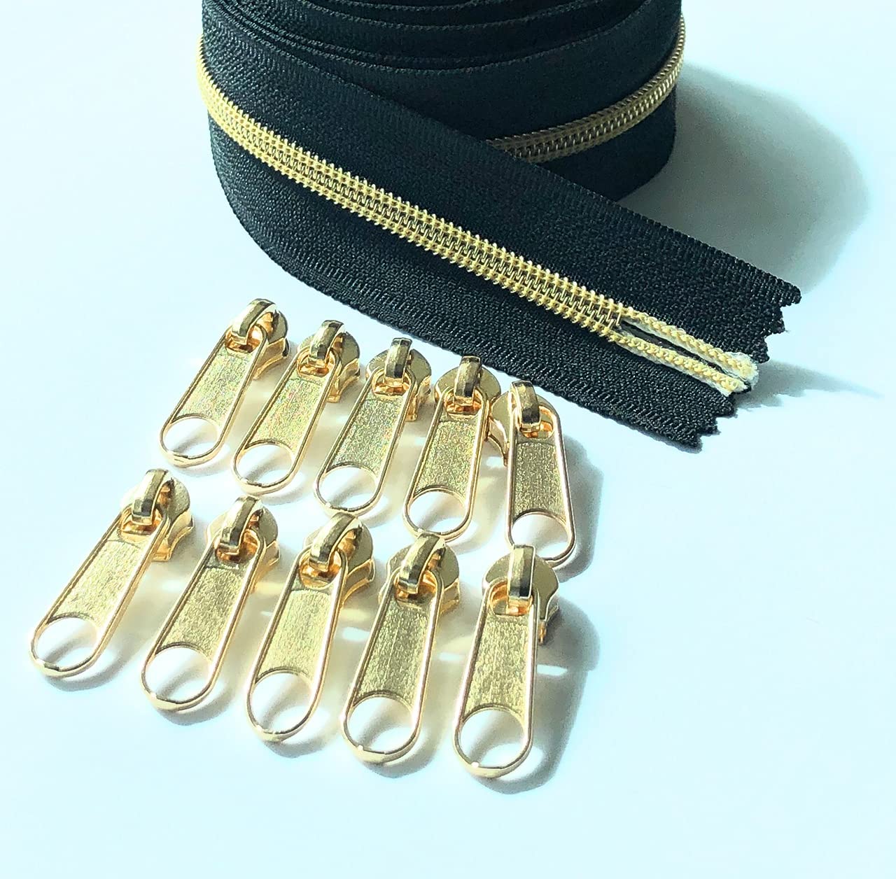 ADS ZipperADS Zipper Continuous Nylon No.5 Zip with Sliders #5 Chain Zipper on Roll with 10 Pullers (Black (Gold - 322 LG), 196.8" - 5 metre)