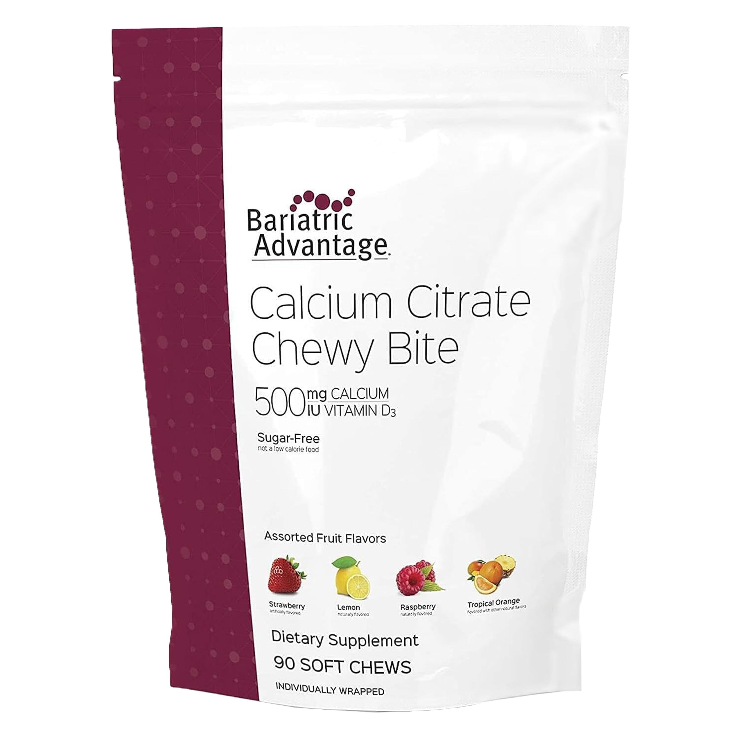 Bariatric AdvantageCalcium Citrate Chewy Bites 500 mg with Vitamin D3 - Chewable Supplement for Bariatric Surgery Patients - Sugar-Free Calcium Chews - Assorted Fruit - 90 Count
