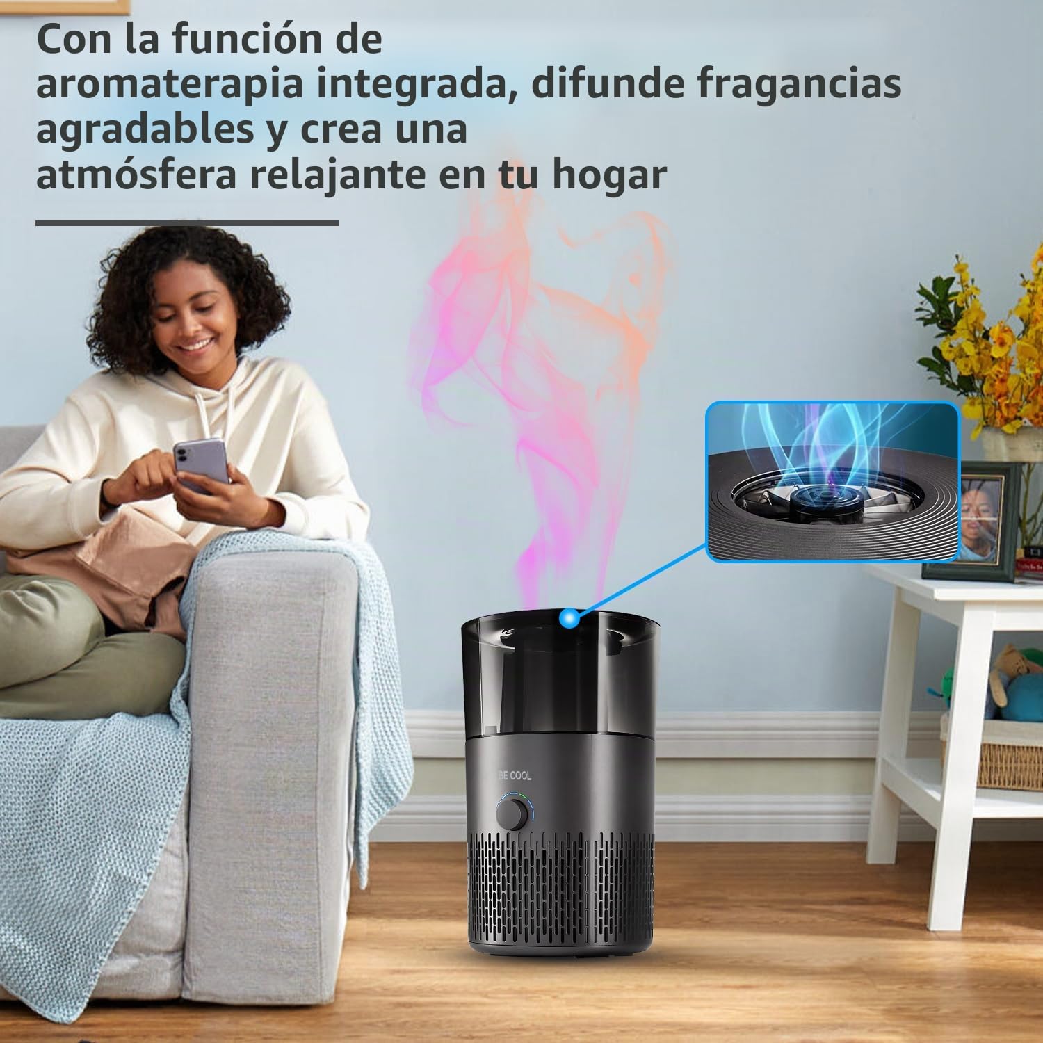 Be Cool Humidificador – aire caliente y frío – 7 niveles de humedad ajustables/rotación de 360 ° – 12 horas de tiempo de funcionamiento, silencioso, depósito de 5 litros/negro