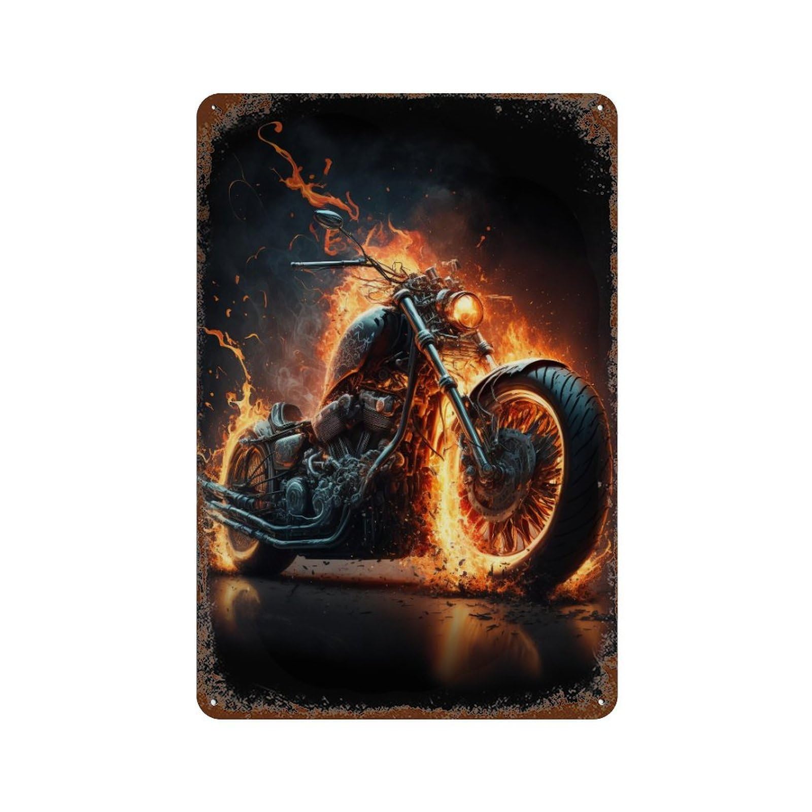 Garage Style Flaming Motorcycle Artwork Vintage Rust Metal Sign 11.8"x7.9", Novelty Wall Decor for Bar And Workshop