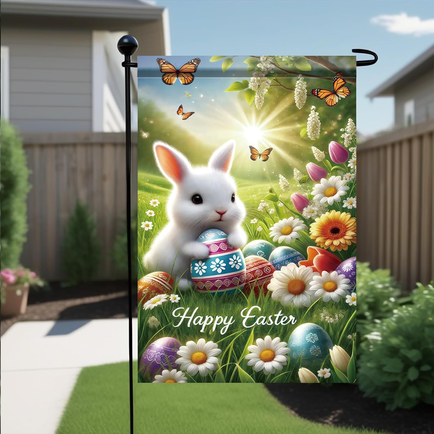 Happy Easter Garden Flag Bunny with Eggs Spring Flowers 12x18 Inch Double Sided Decorative Outdoor Flag for Yard Porch Lawn Holiday Seasonal Banner - Image 4