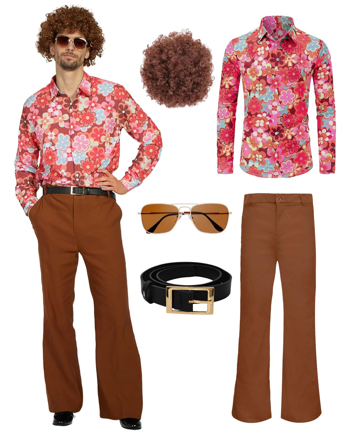 70s Disco Costume Set Hippie Men Outfit with Flared Pants Shirt for 50s 60s 70s Cosplay Halloween Party (Orange, 6XL)
