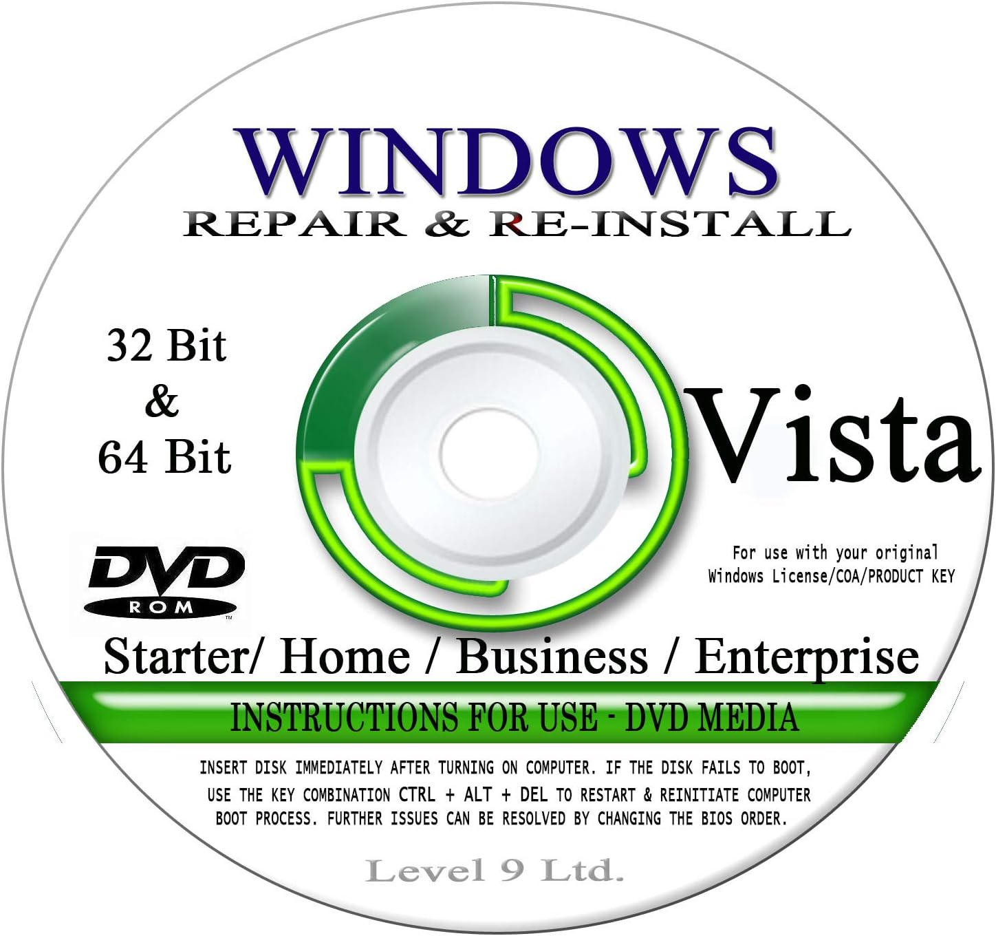 WINDOWS VISTA - 32 Bit & 64 Bit DVD SP1, Supports All Versions. Starter, Home Basic, Home Premium, Business, and Enterprise edition. Recover, Repair, Restore or Re-install Windows to Factory Fresh!