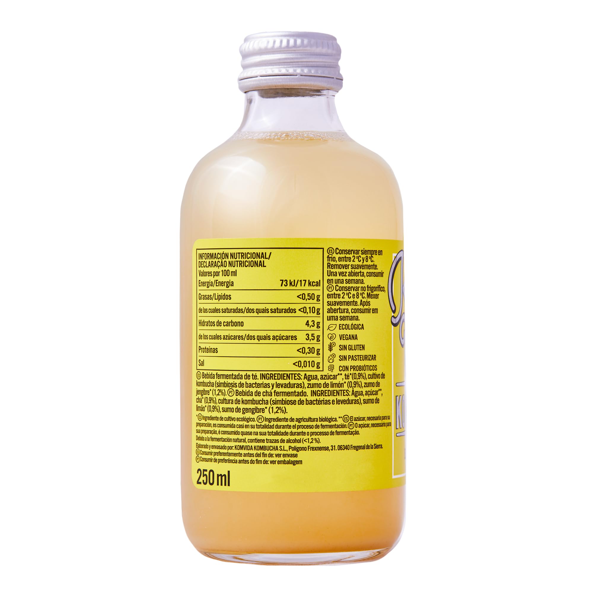Komvida Kombucha Pack 12x250ml - Bebida Ecológica de Té fermentado, Probióticos Naturales, Sin Azúcares Añadidos - Sabor Jengibre y Limón