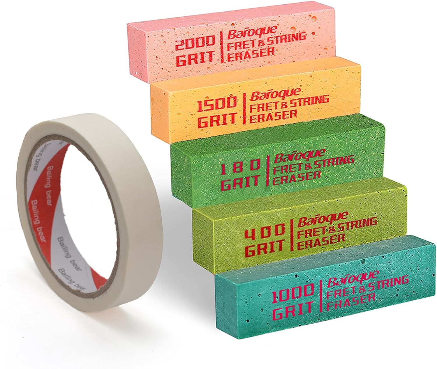 5pcs Fret Erasers Grits, Fret Polishing Cleaner & Masking Tape, Guitar Fret Polishing Abrasive Rubber Blocks Tool, Clean Fret Wire/String/Metal(180& 400& 1000& 1500& 2000 Grit)