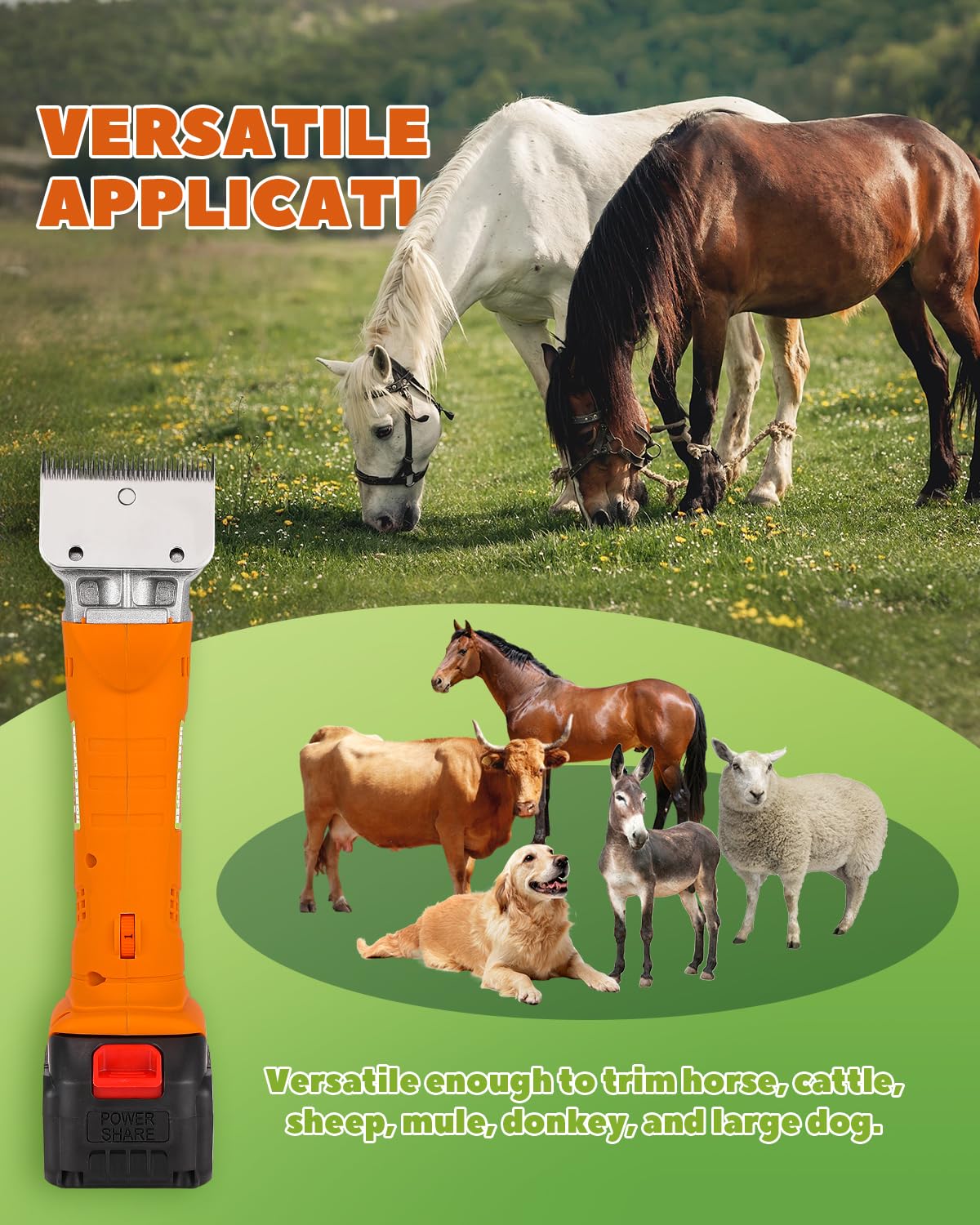 Kit per la toelettatura dei cavalli, senza fili, resistente, a 6 velocità, professionale, con 2 batterie al litio da 21 V 4 Ah, per rasatura di cavalli, pony, bovini, cani di taglia grande